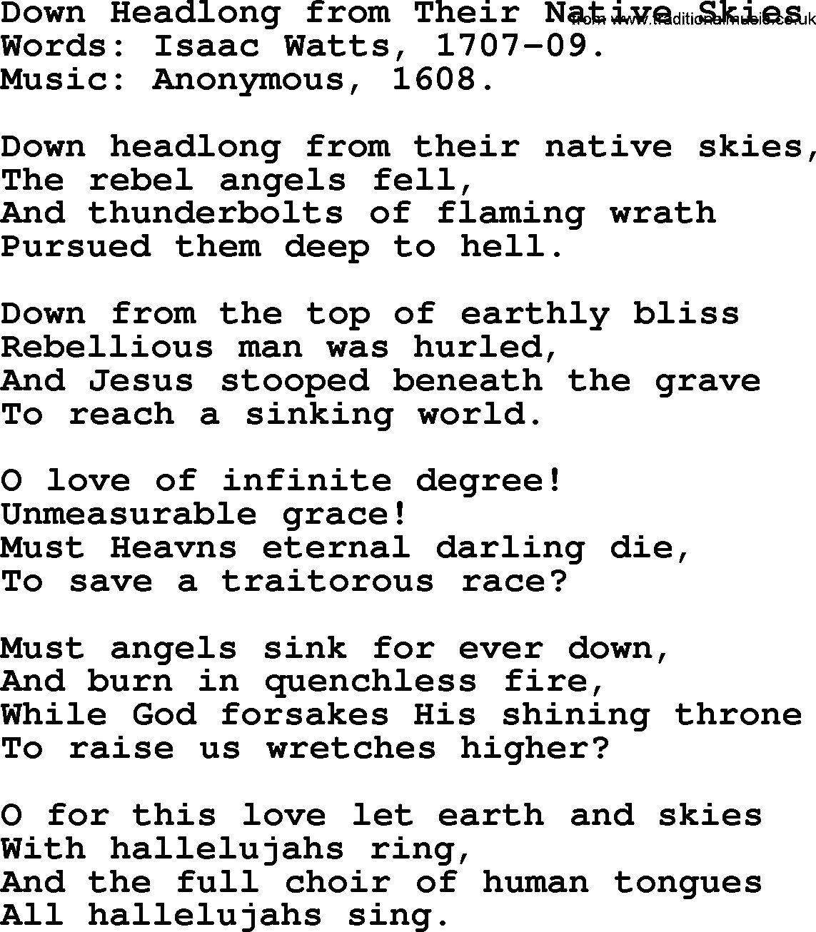 Isaac Watts Christian hymn: Down Headlong from Their Native Skies- lyricss