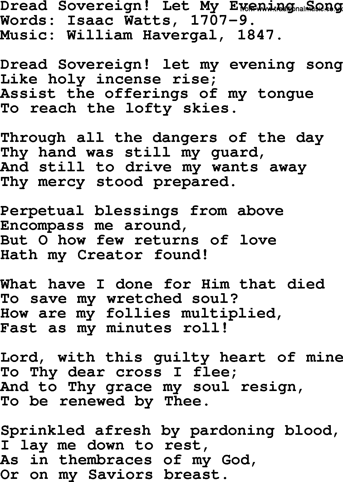 Isaac Watts Christian hymn: Dread Sovereign! Let My Evening Song- lyricss