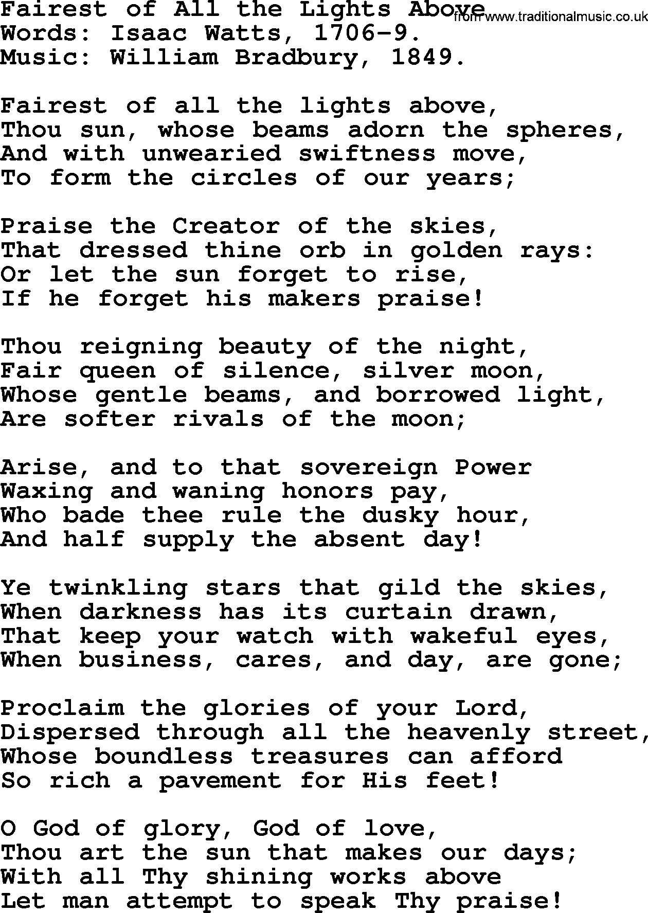 Isaac Watts Christian hymn: Fairest of All the Lights Above- lyricss