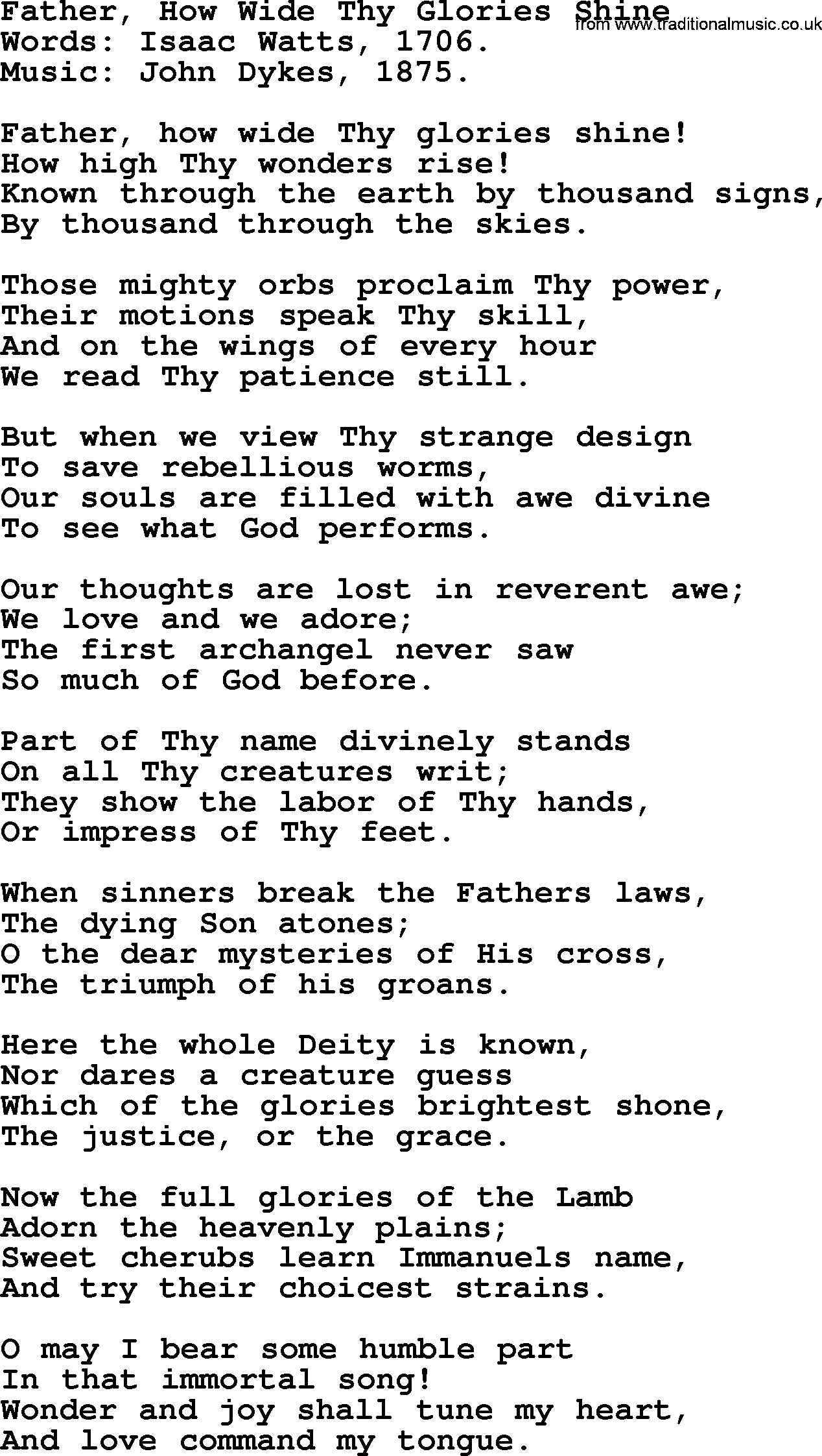 Isaac Watts Christian hymn: Father, How Wide Thy Glories Shine- lyricss