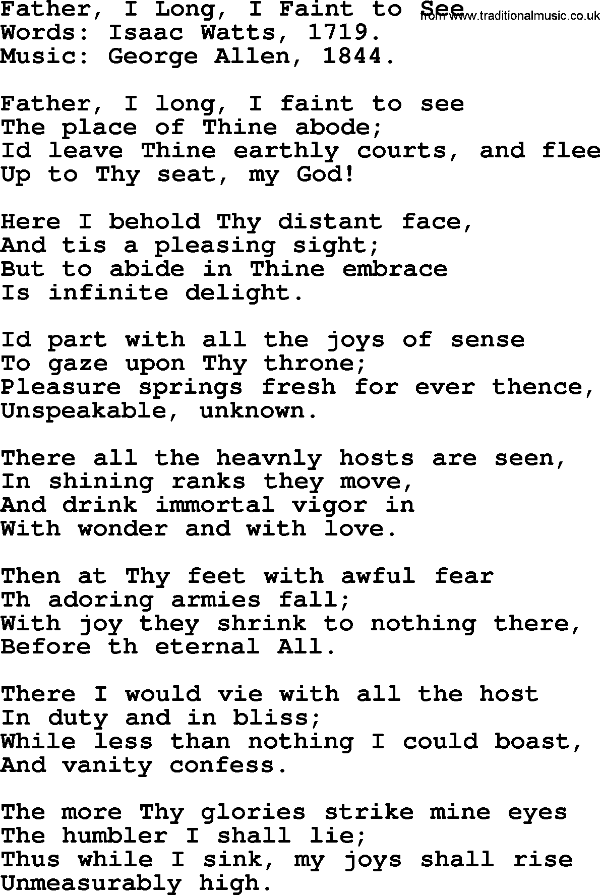 Isaac Watts Christian hymn: Father, I Long, I Faint to See- lyricss