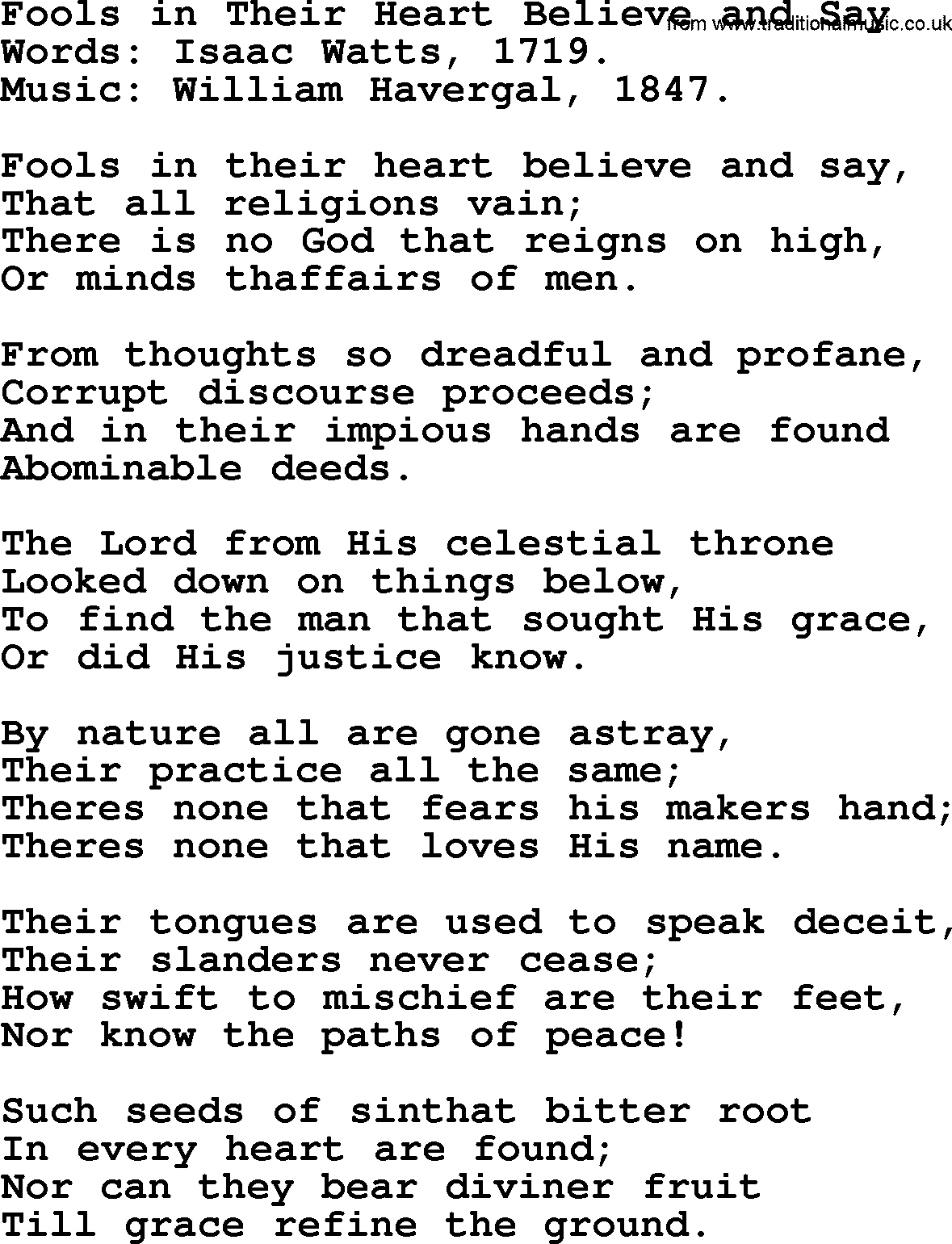Isaac Watts Christian hymn: Fools in Their Heart Believe and Say- lyricss