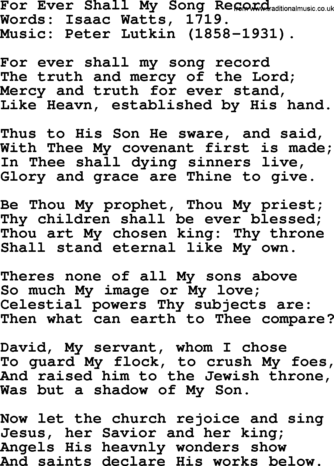Isaac Watts Christian hymn: For Ever Shall My Song Record- lyricss
