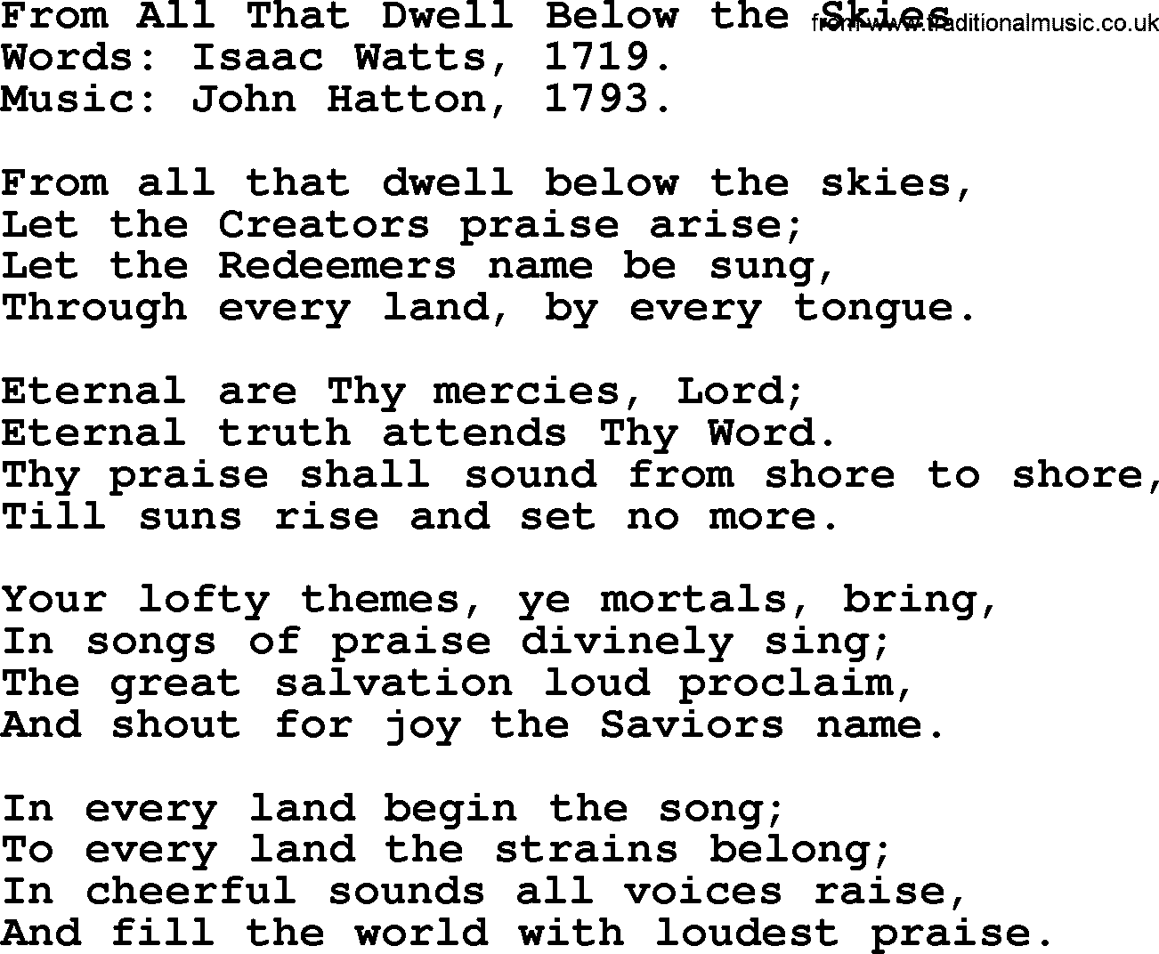 Isaac Watts Christian hymn: From All That Dwell Below the Skies- lyricss