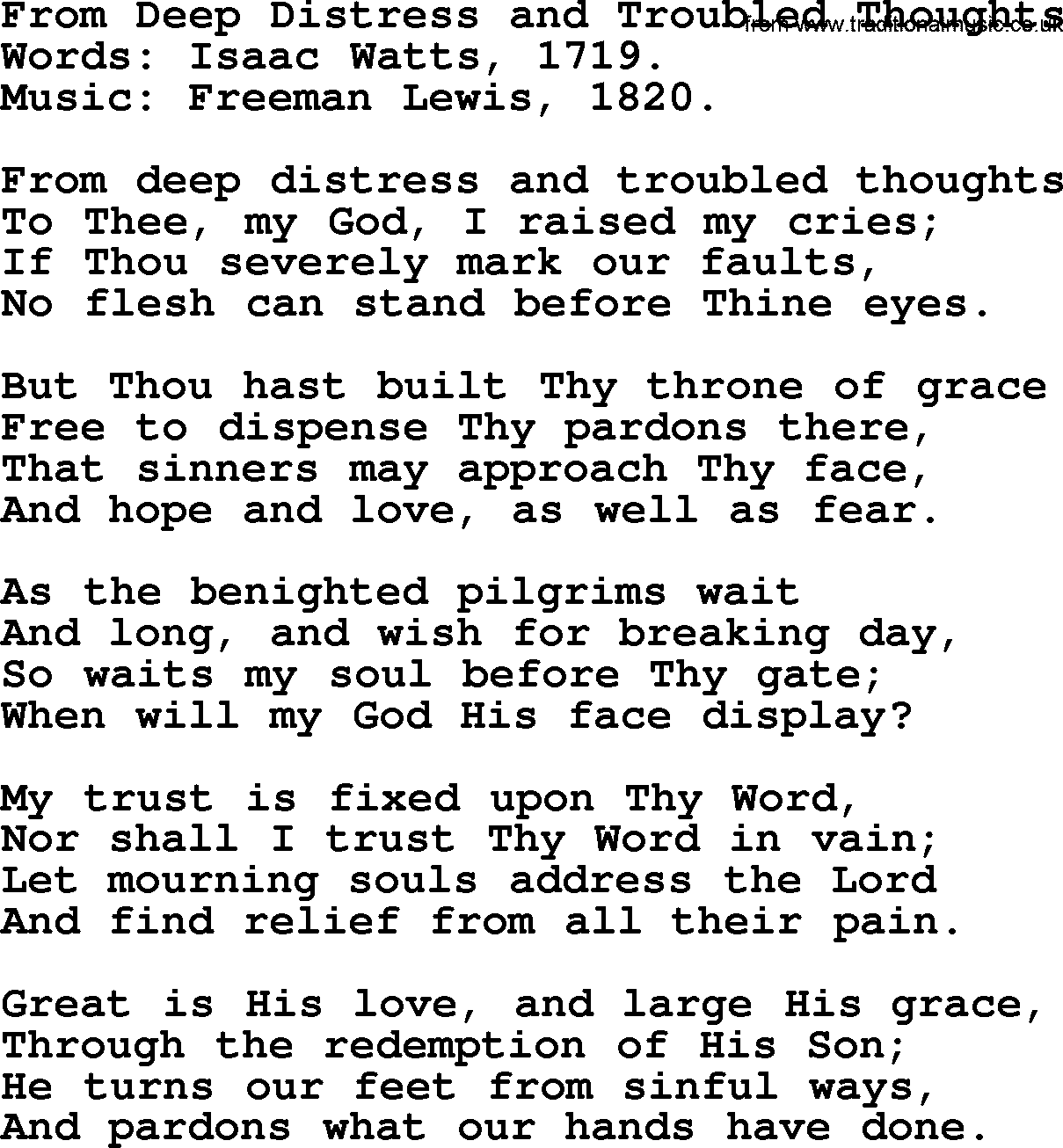 Isaac Watts Christian hymn: From Deep Distress and Troubled Thoughts- lyricss