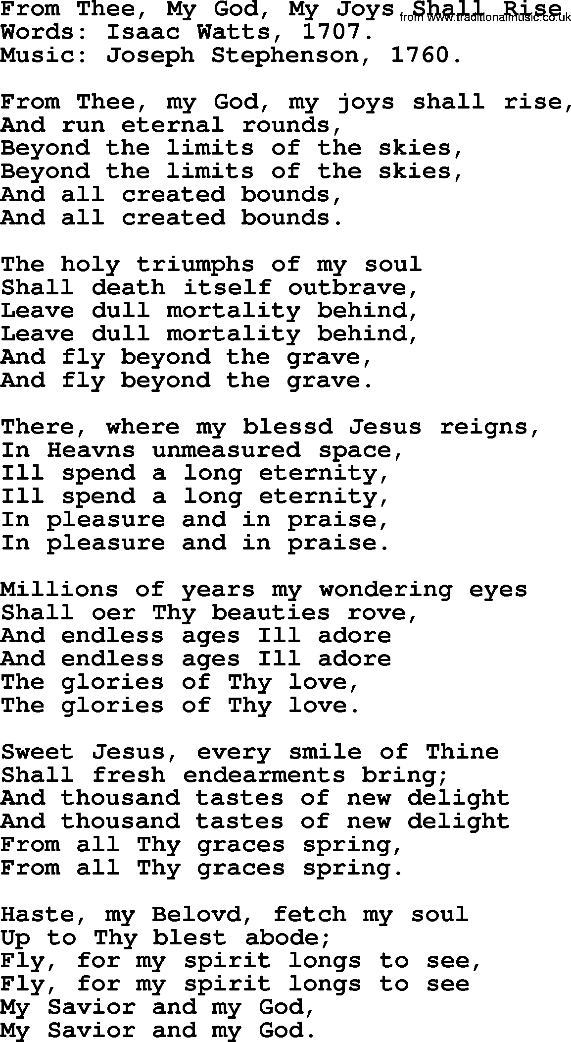 Isaac Watts Christian hymn: From Thee, My God, My Joys Shall Rise- lyricss