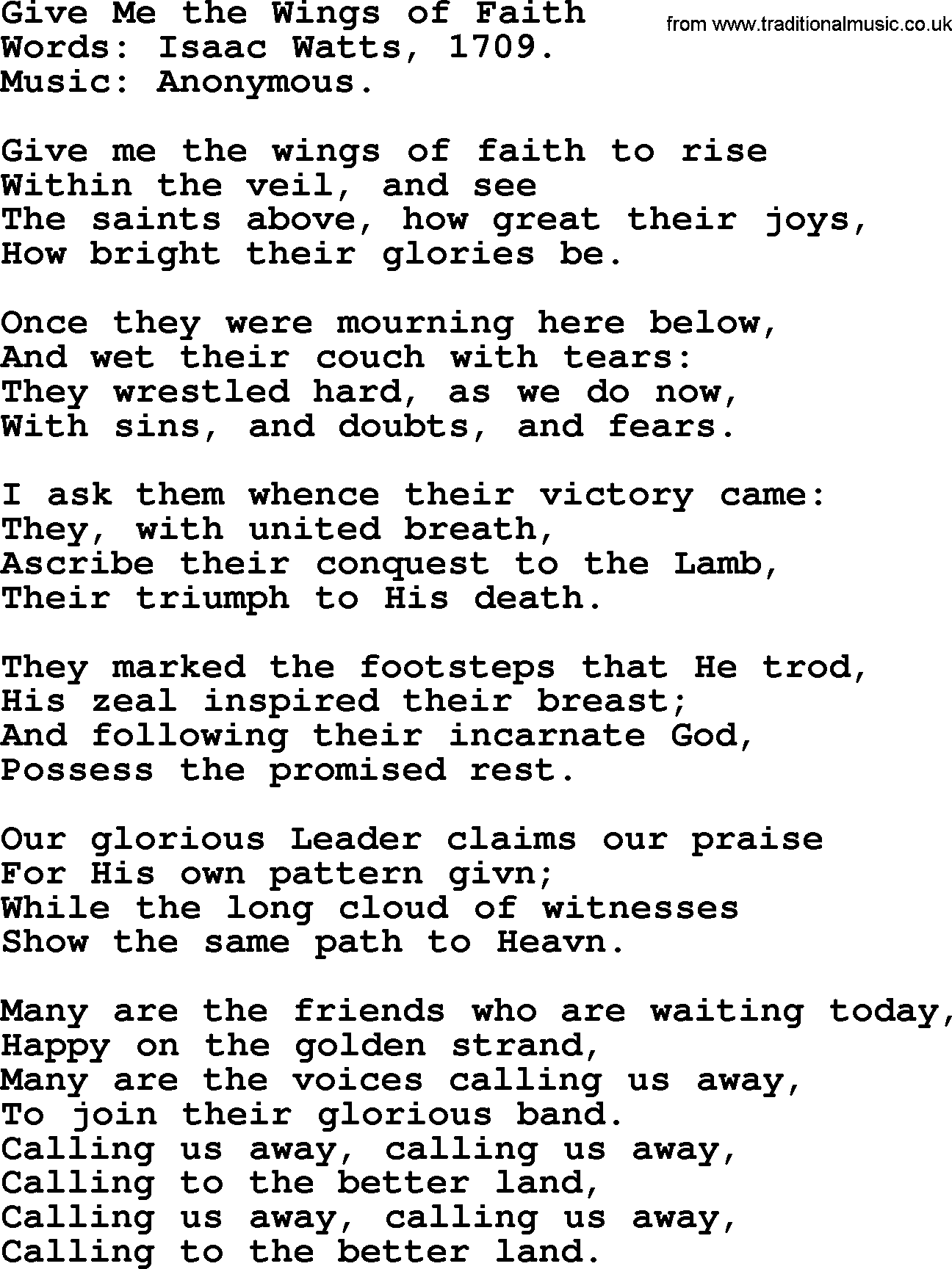 Isaac Watts Christian hymn: Give Me the Wings of Faith- lyricss