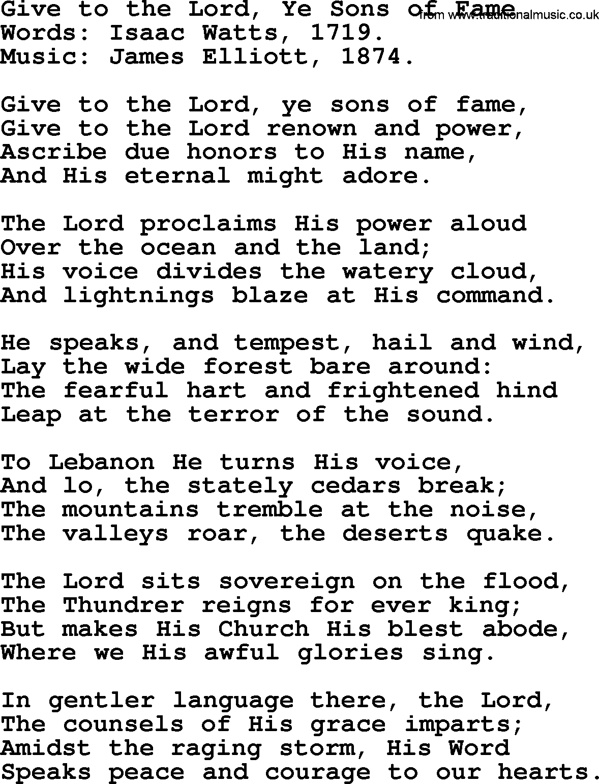 Isaac Watts Christian hymn: Give to the Lord, Ye Sons of Fame- lyricss
