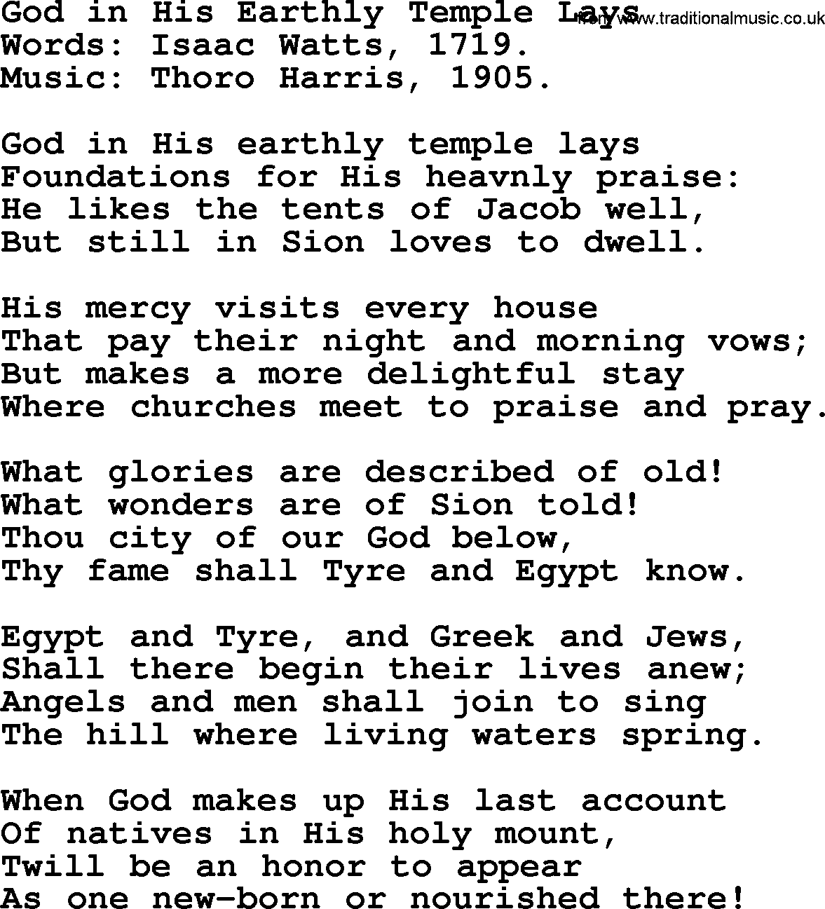 Isaac Watts Christian hymn: God in His Earthly Temple Lays- lyricss