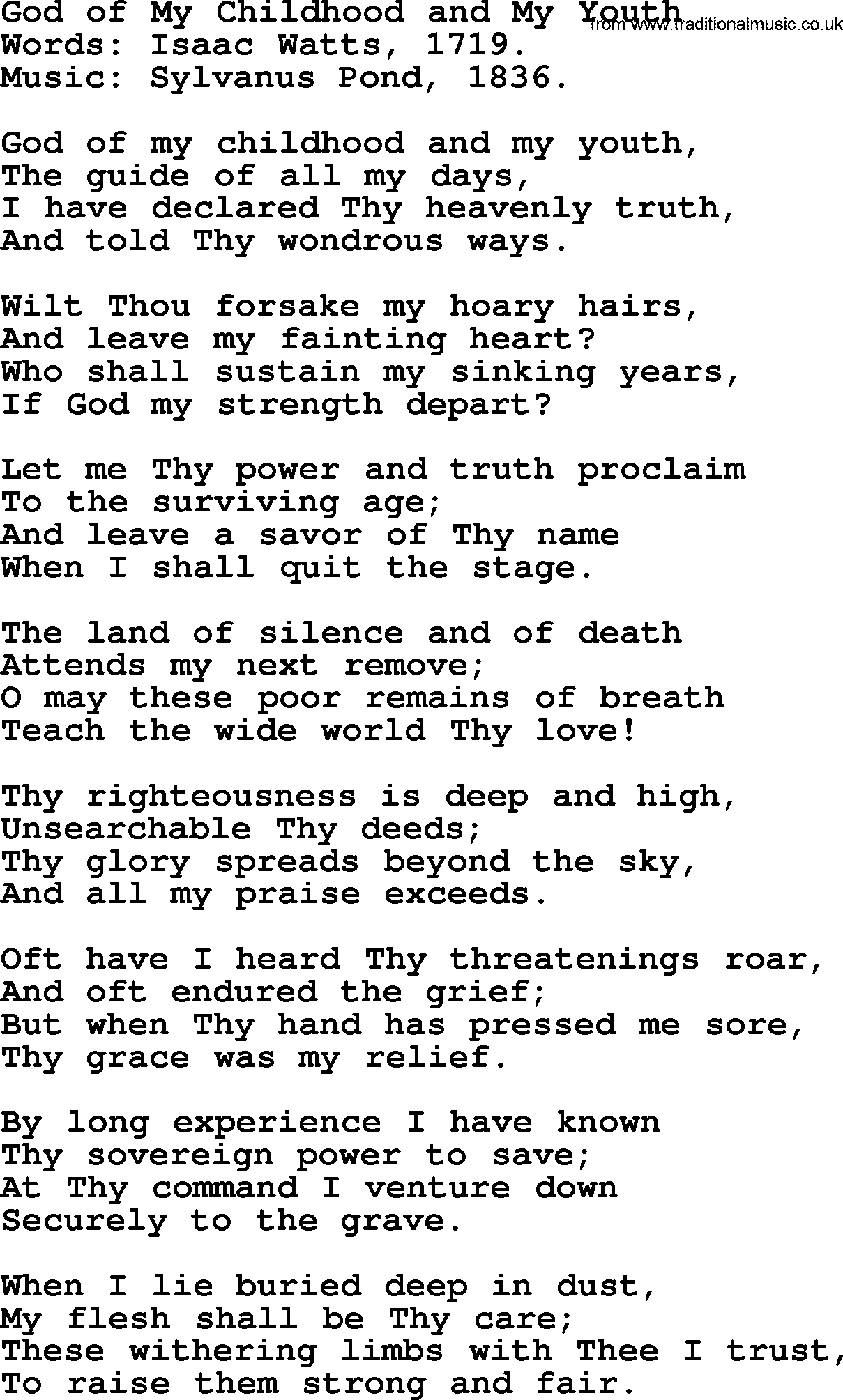Isaac Watts Christian hymn: God of My Childhood and My Youth- lyricss