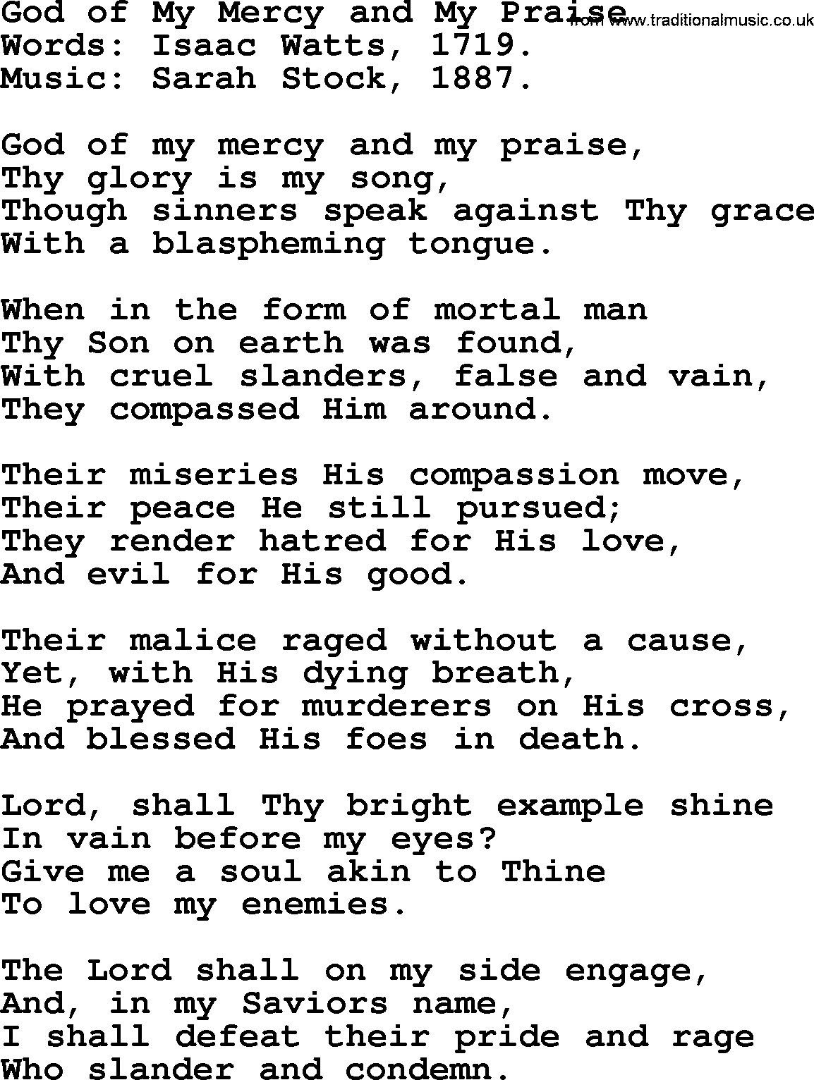 Isaac Watts Christian hymn: God of My Mercy and My Praise- lyricss