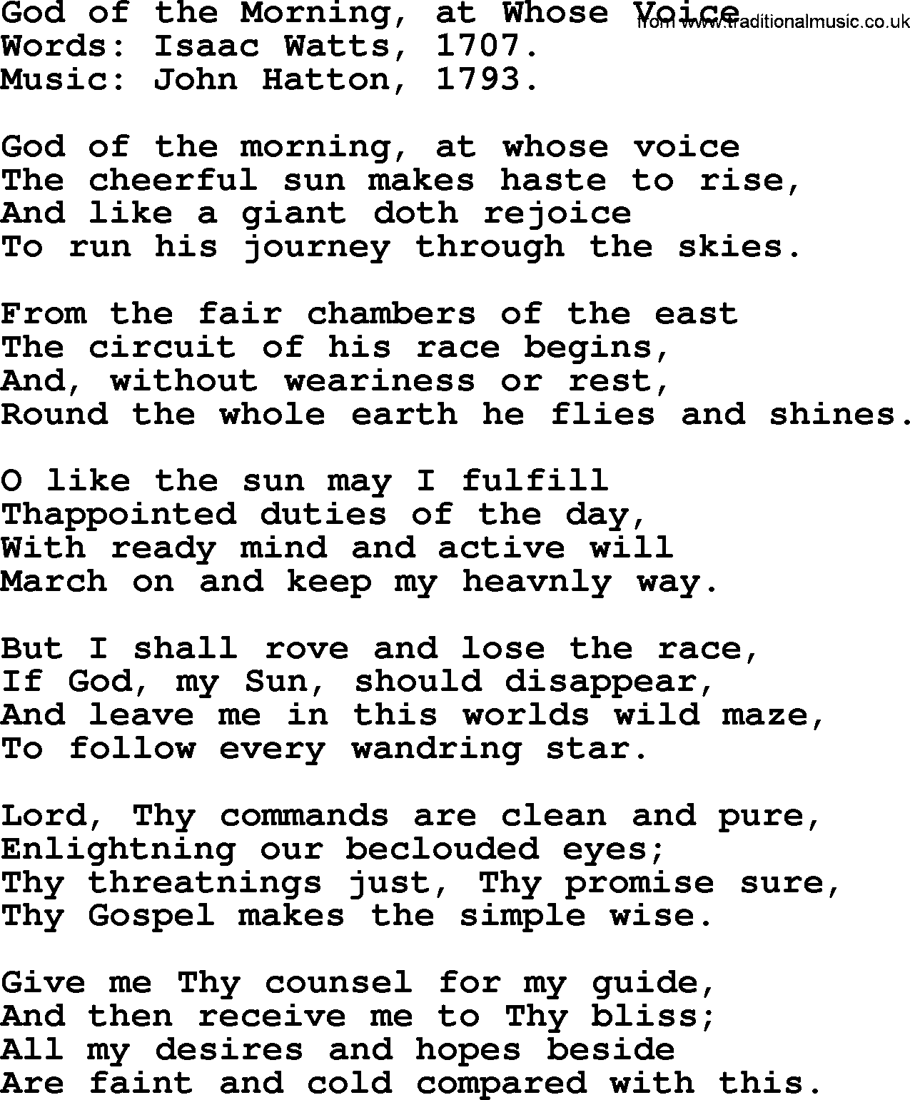 Isaac Watts Christian hymn: God of the Morning, at Whose Voice- lyricss