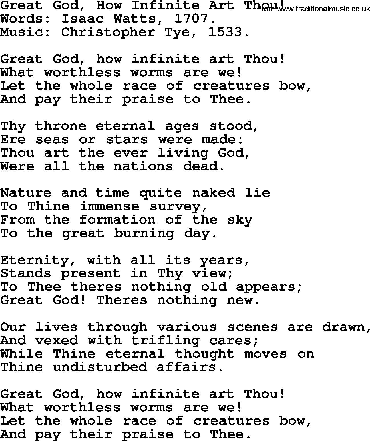 Isaac Watts Christian hymn: Great God, How Infinite Art Thou!- lyricss