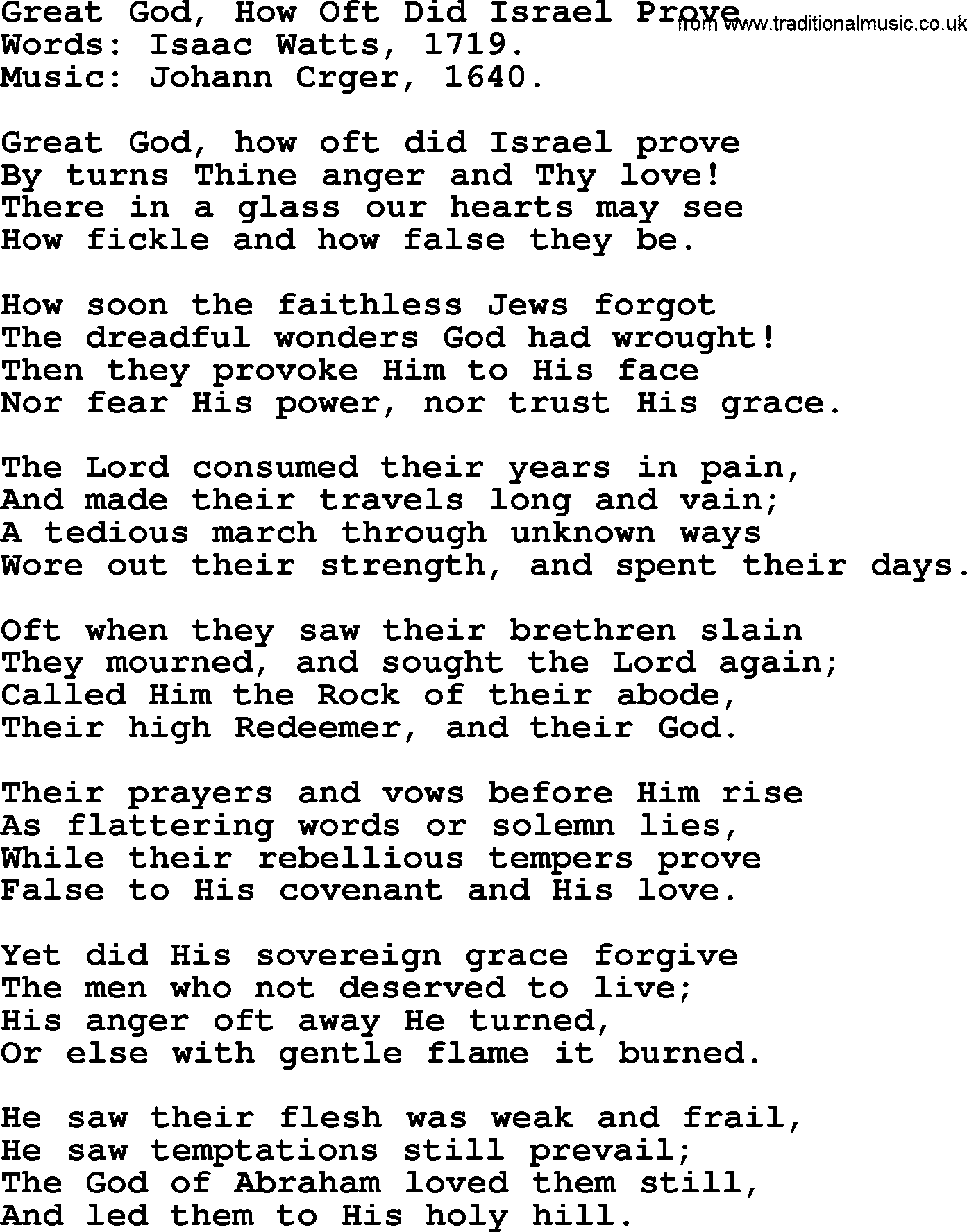 Isaac Watts Christian hymn: Great God, How Oft Did Israel Prove- lyricss