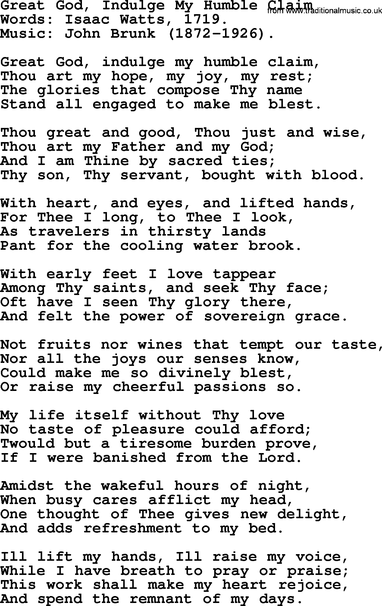Isaac Watts Christian hymn: Great God, Indulge My Humble Claim- lyricss