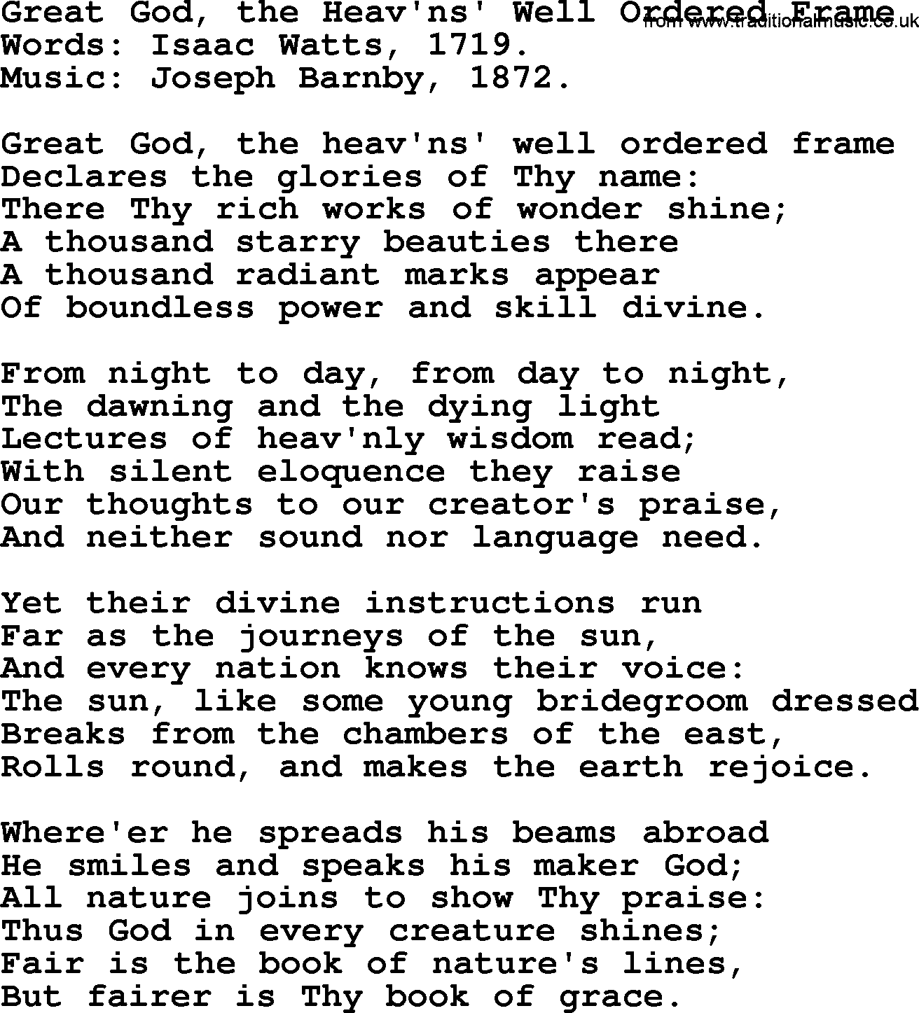 Isaac Watts Christian hymn: Great God, the Heav'ns' Well Ordered Frame- lyricss