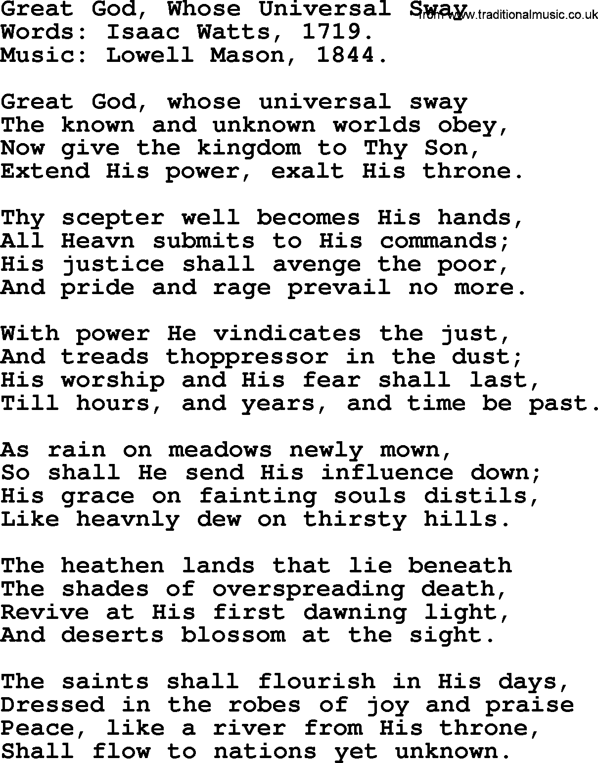 Isaac Watts Christian hymn: Great God, Whose Universal Sway- lyricss