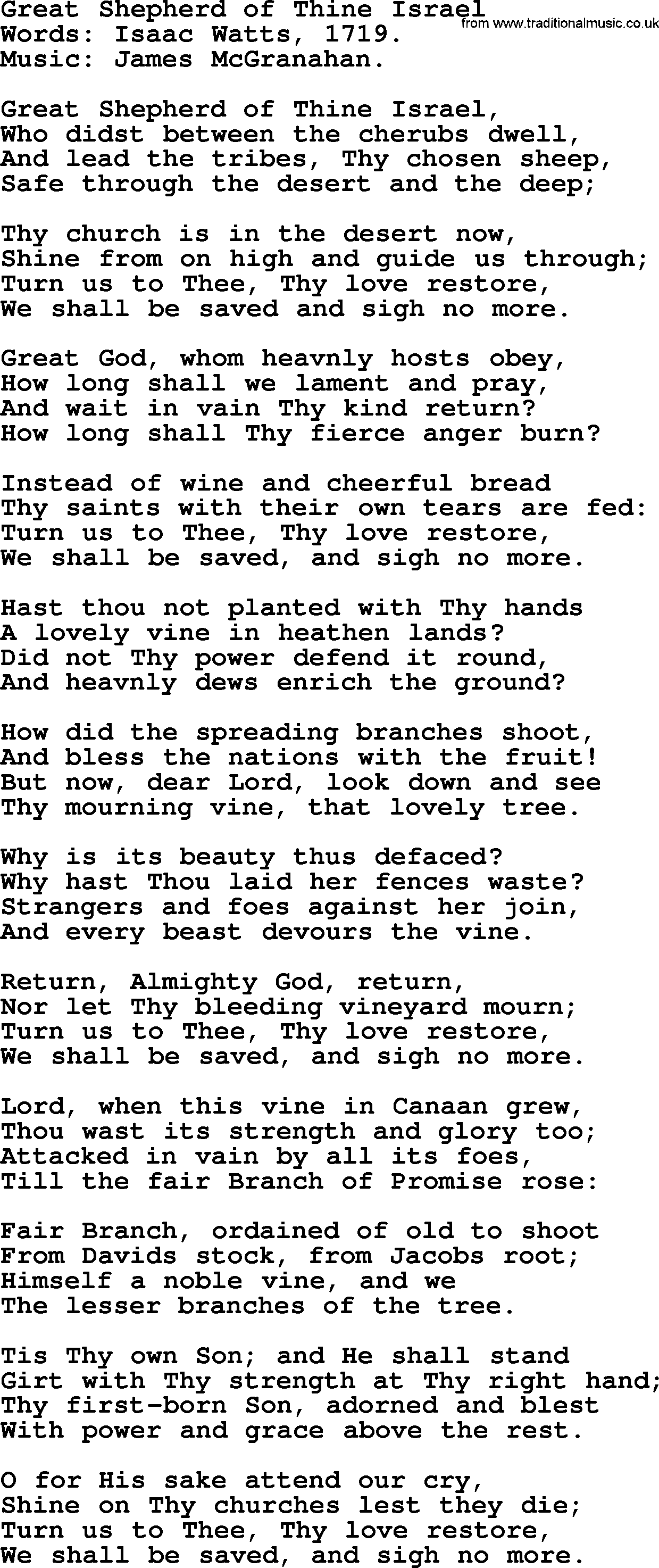 Isaac Watts Christian hymn: Great Shepherd of Thine Israel- lyricss