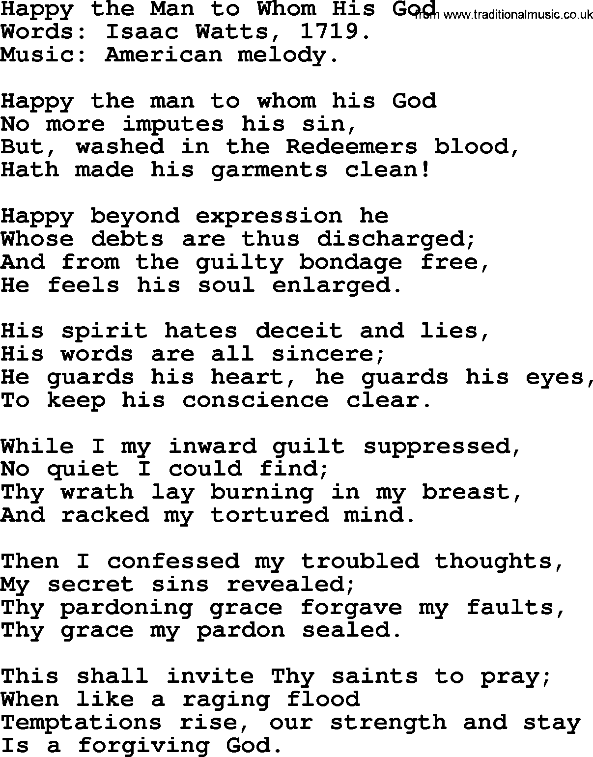 Isaac Watts Christian hymn: Happy the Man to Whom His God- lyricss