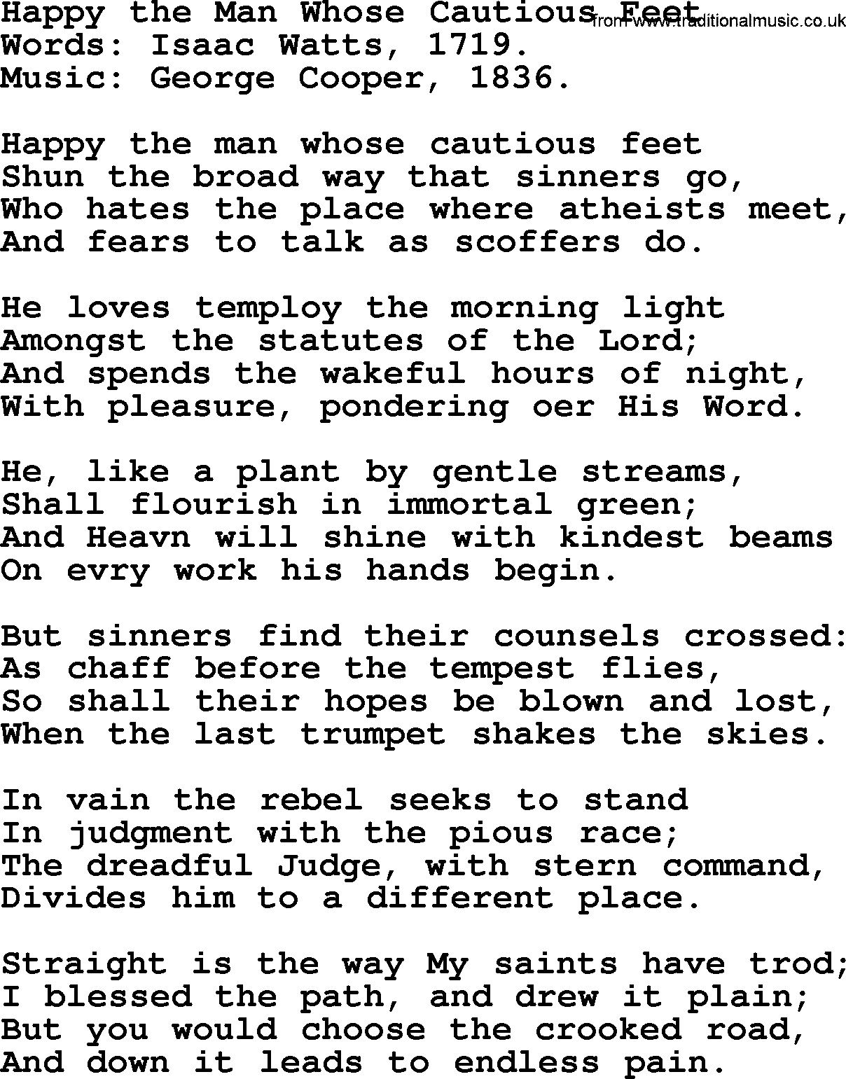 Isaac Watts Christian hymn: Happy the Man Whose Cautious Feet- lyricss