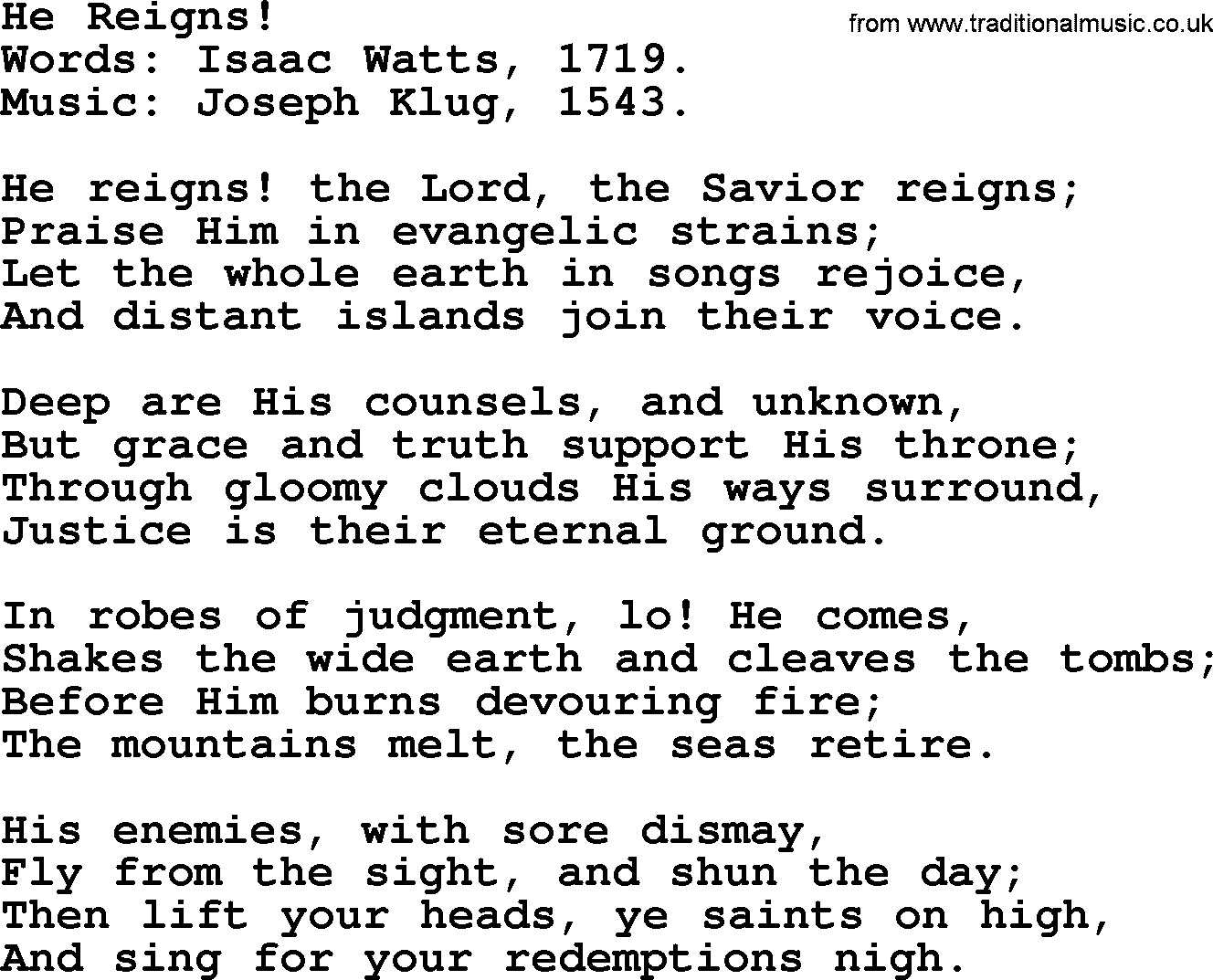 Isaac Watts Christian hymn: He Reigns!- lyricss