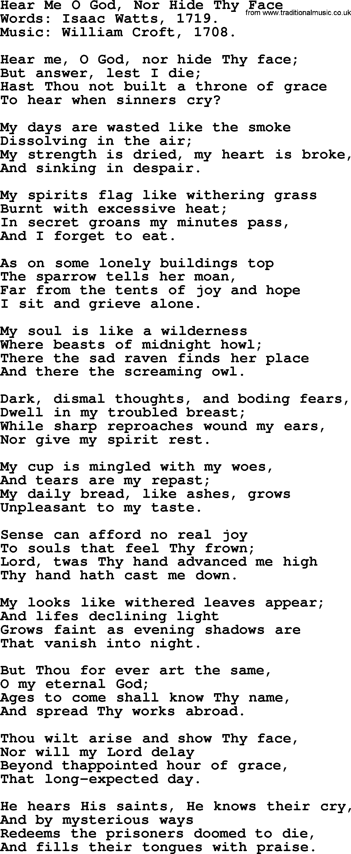 Isaac Watts Christian hymn: Hear Me O God, Nor Hide Thy Face- lyricss