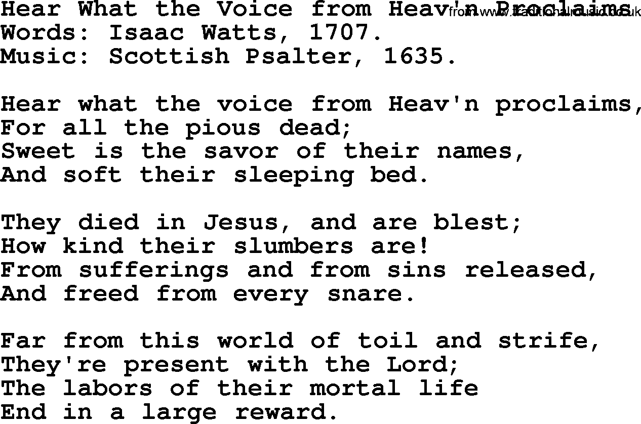 Isaac Watts Christian hymn: Hear What the Voice from Heav'n Proclaims- lyricss