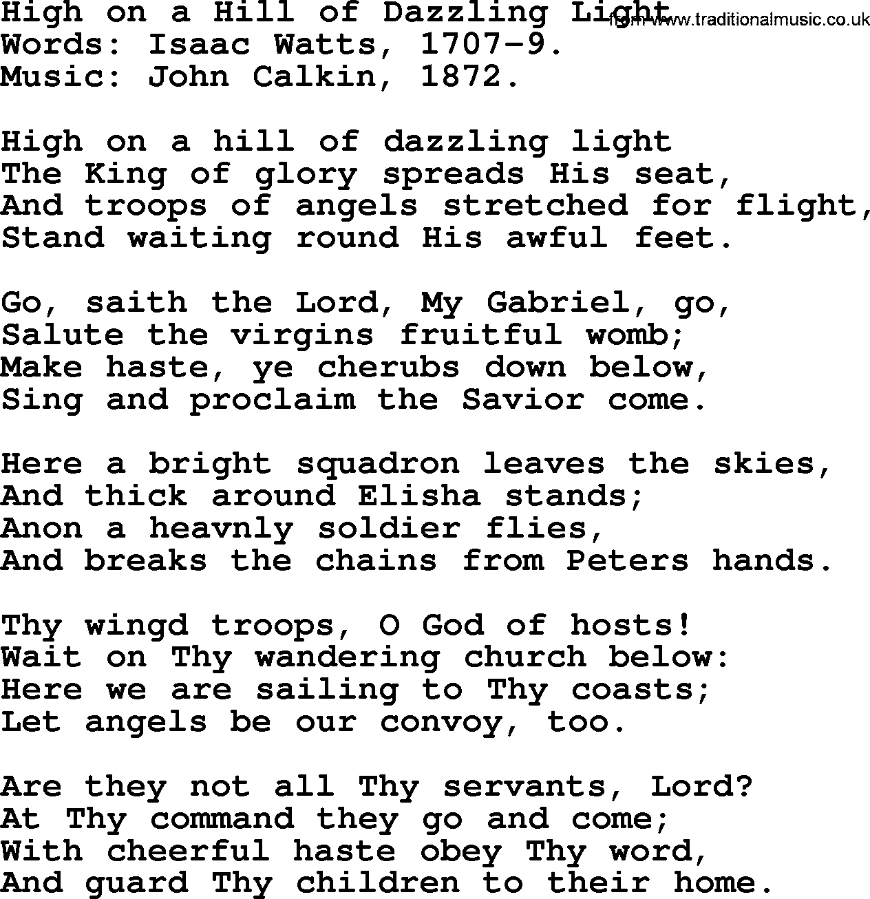 Isaac Watts Christian hymn: High on a Hill of Dazzling Light- lyricss