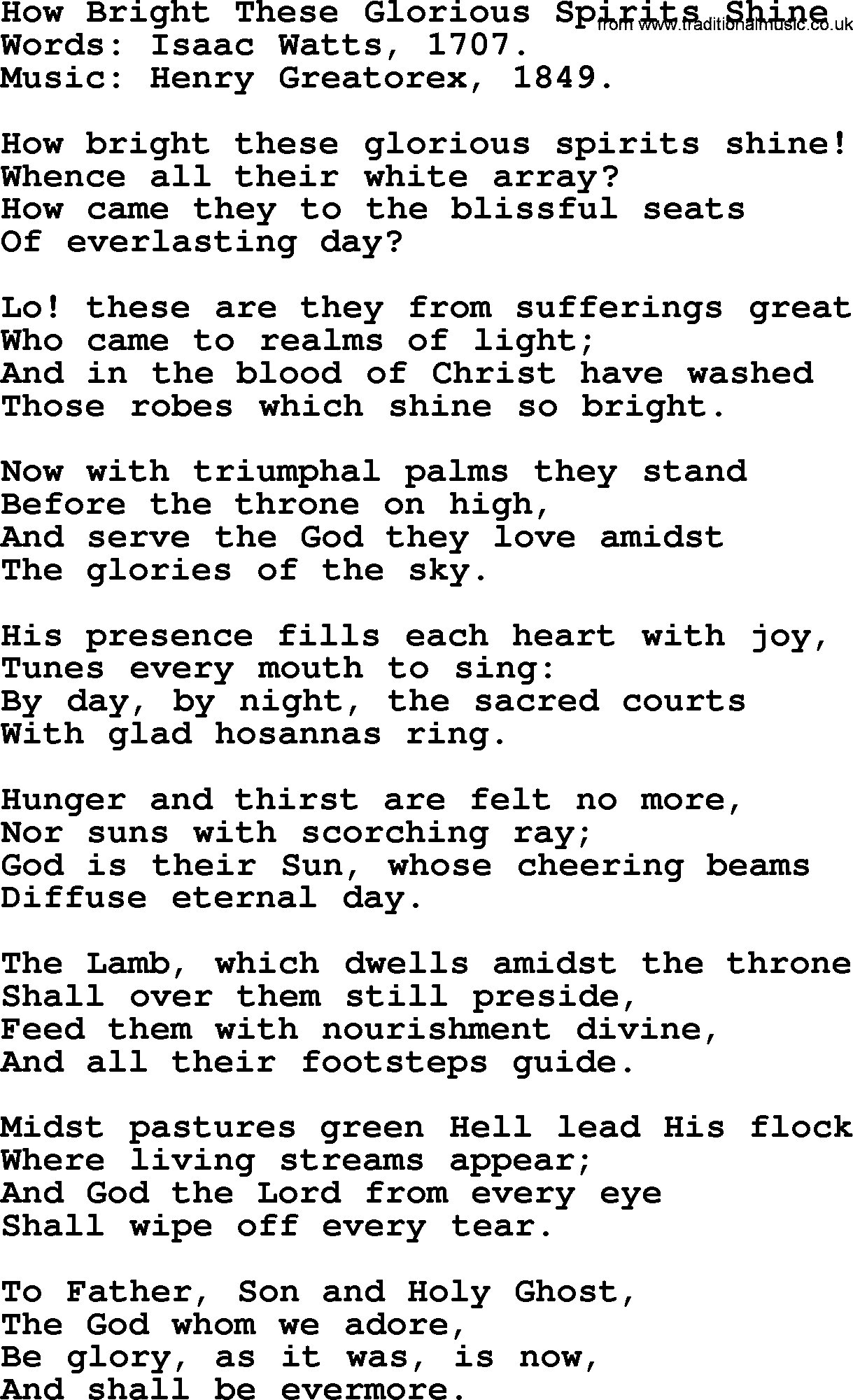 Isaac Watts Christian hymn: How Bright These Glorious Spirits Shine- lyricss