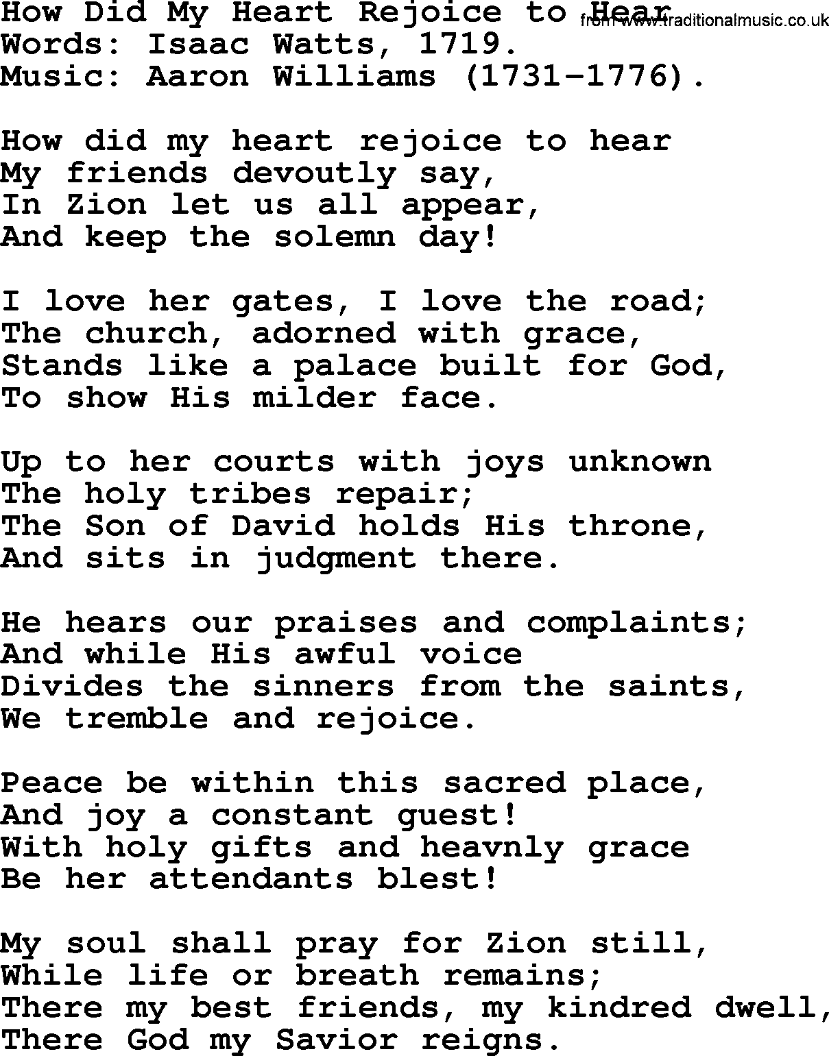 Isaac Watts Christian hymn: How Did My Heart Rejoice to Hear- lyricss