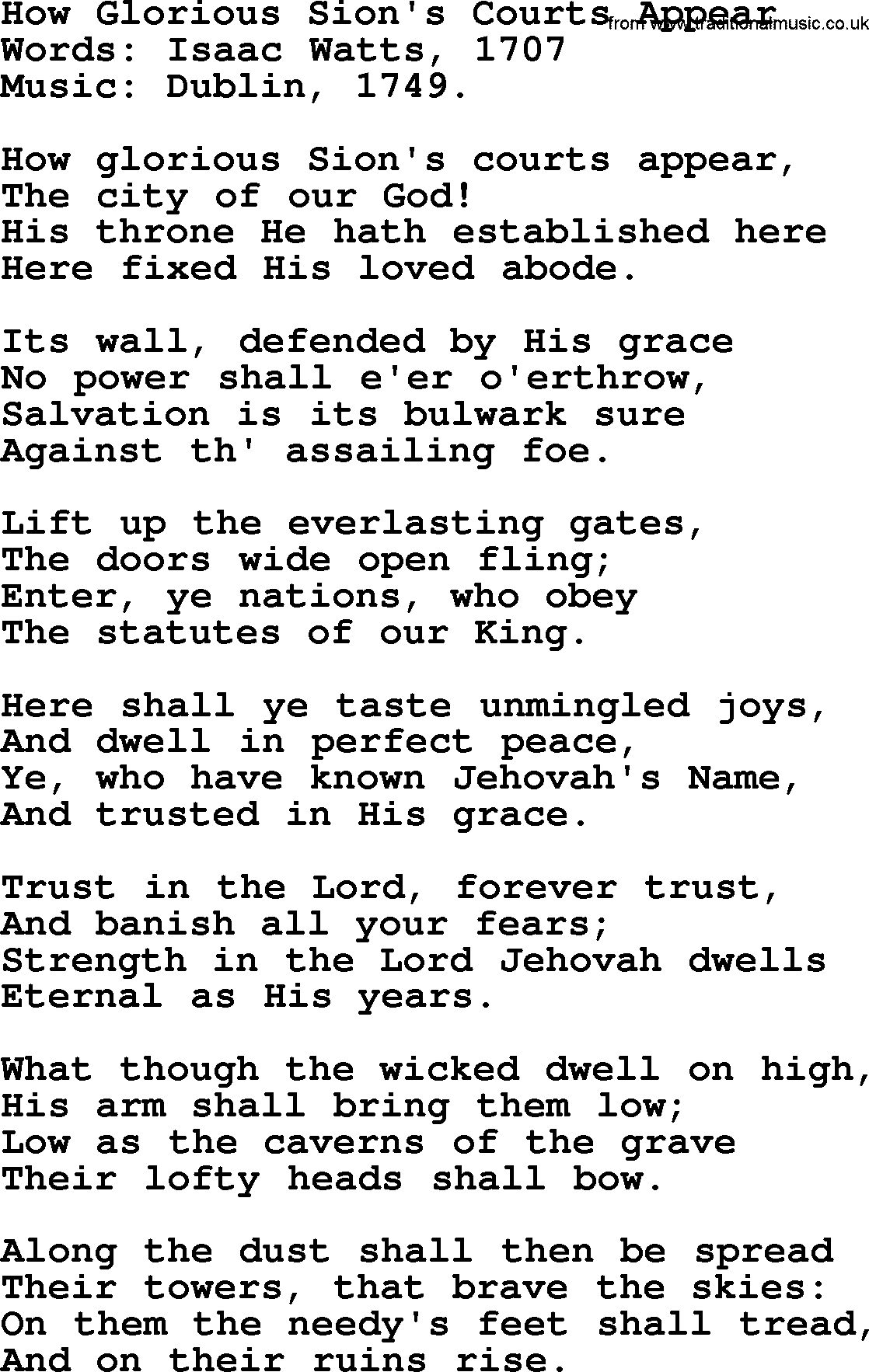 Isaac Watts Christian hymn: How Glorious Sion's Courts Appear- lyricss