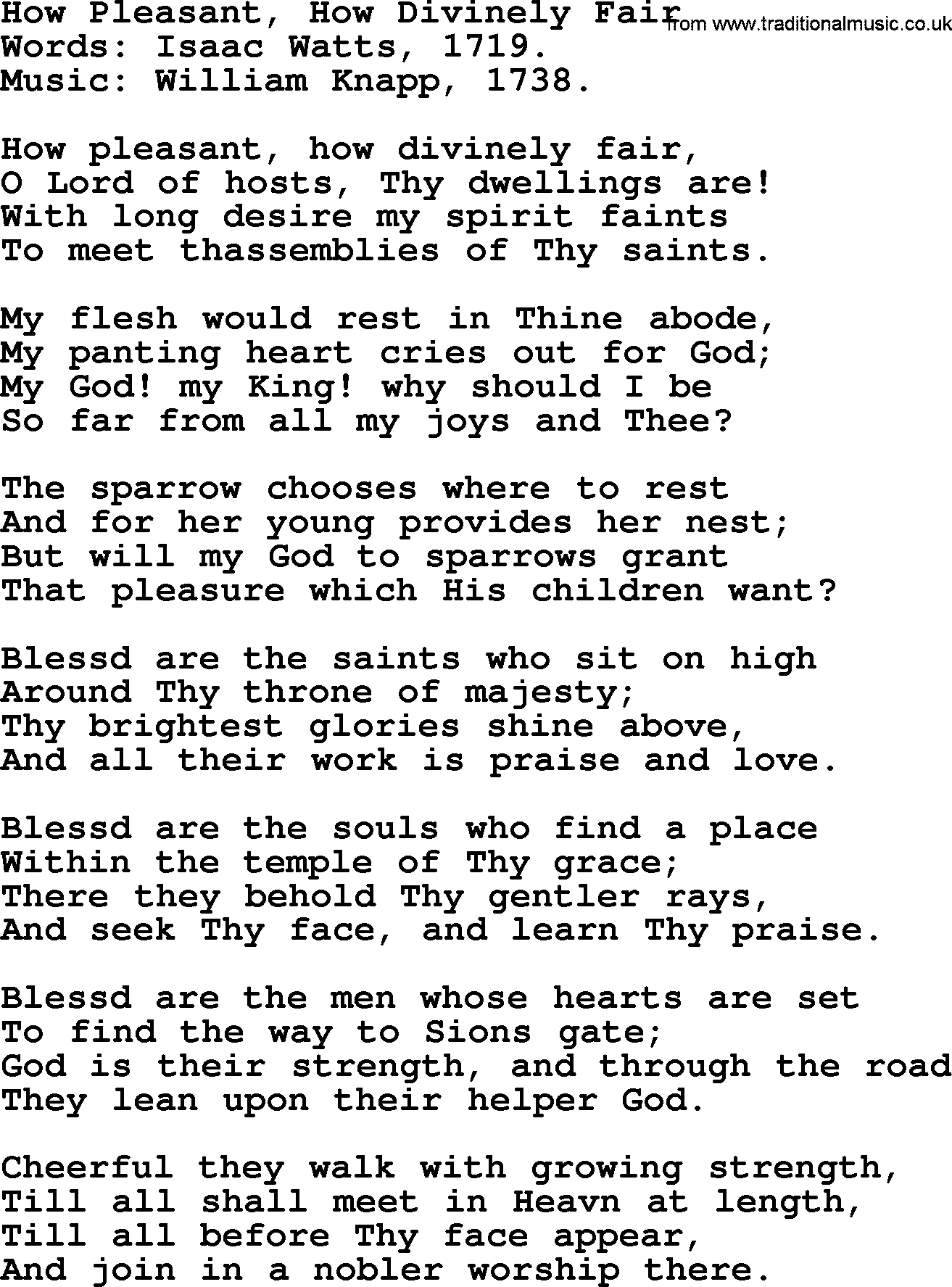Isaac Watts Christian hymn: How Pleasant, How Divinely Fair- lyricss