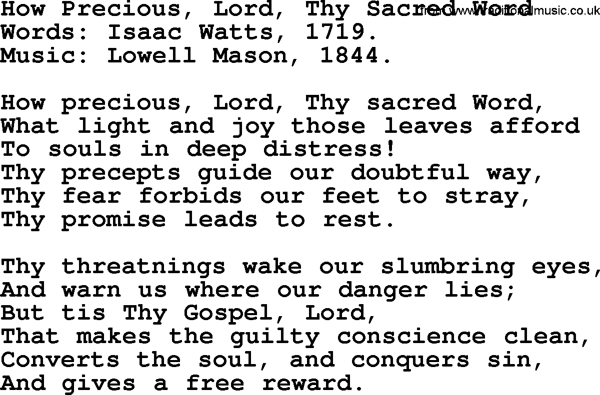 Isaac Watts Christian hymn: How Precious, Lord, Thy Sacred Word- lyricss