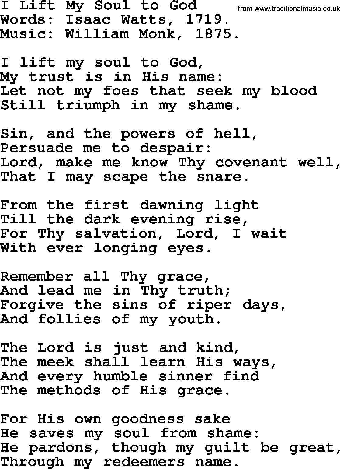 Isaac Watts Christian hymn: I Lift My Soul to God- lyricss