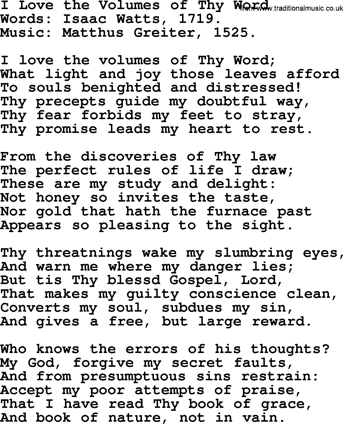 Isaac Watts Christian hymn: I Love the Volumes of Thy Word- lyricss