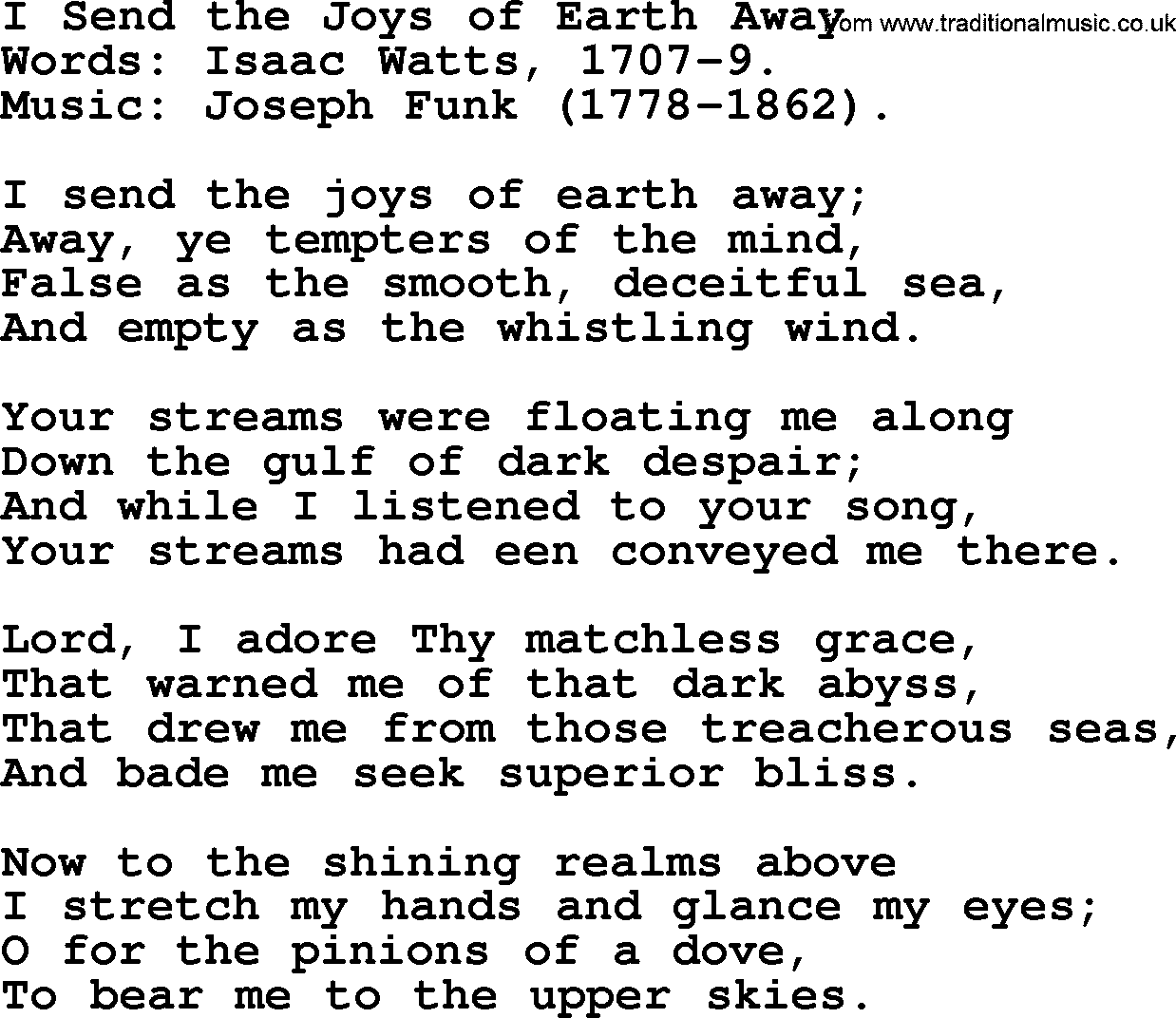 Isaac Watts Christian hymn: I Send the Joys of Earth Away- lyricss