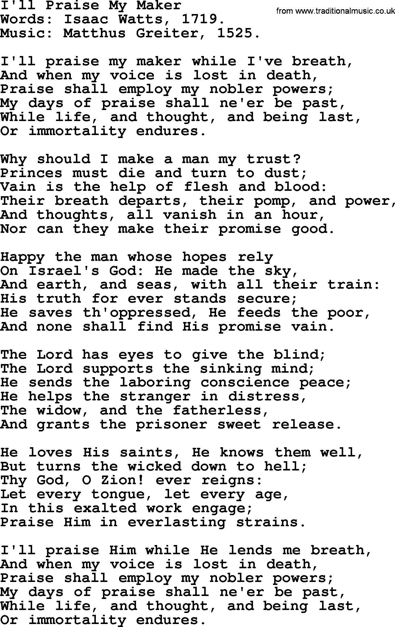 Isaac Watts Christian hymn: I'll Praise My Maker- lyricss