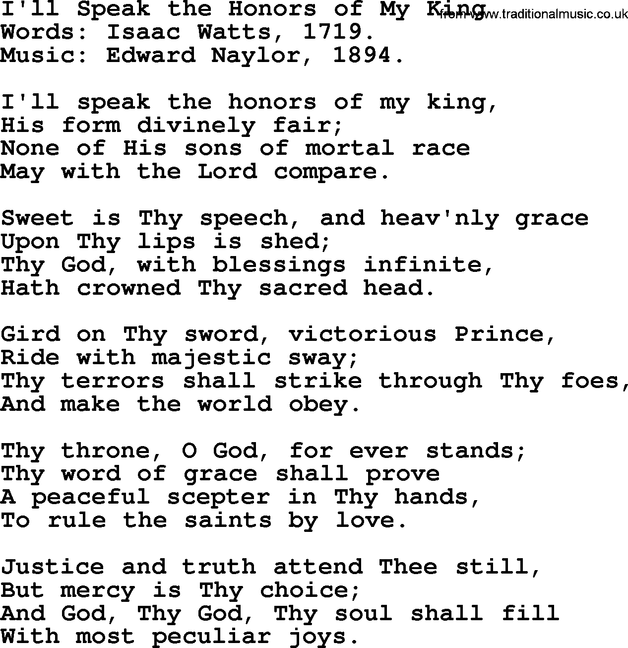 Isaac Watts Christian hymn: I'll Speak the Honors of My King- lyricss