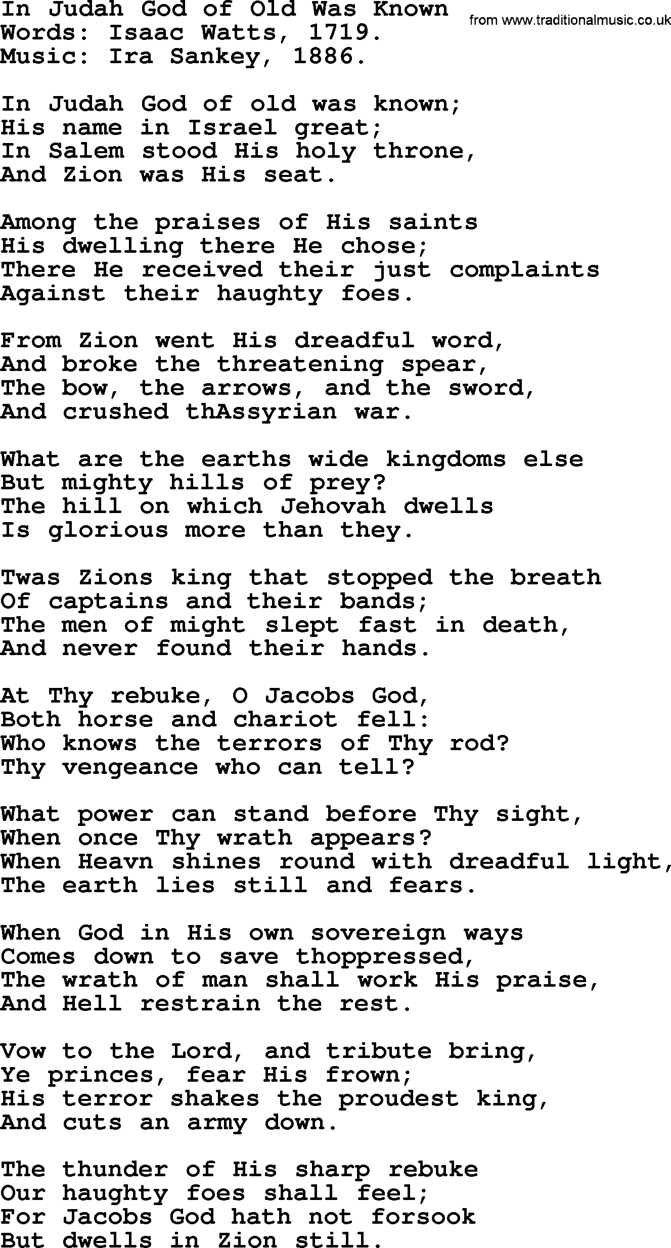 Isaac Watts Christian hymn: In Judah God of Old Was Known- lyricss