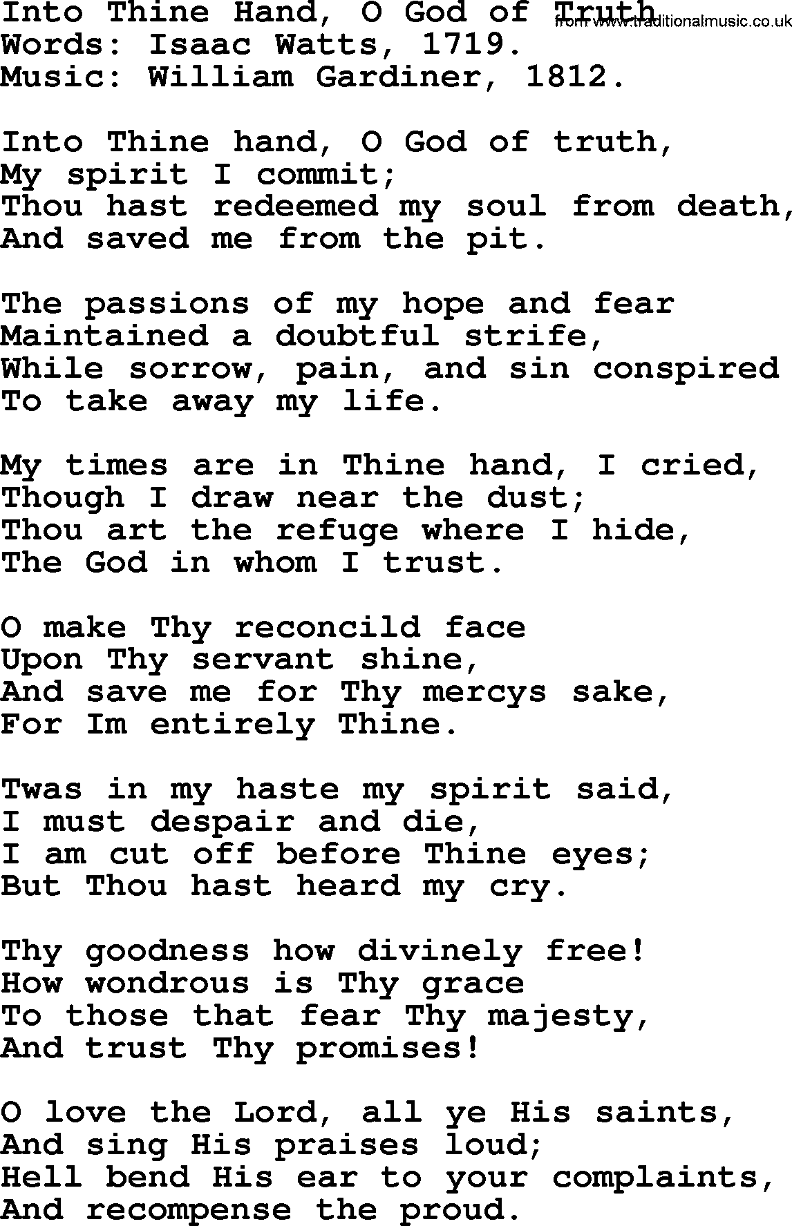 Isaac Watts Christian hymn: Into Thine Hand, O God of Truth- lyricss