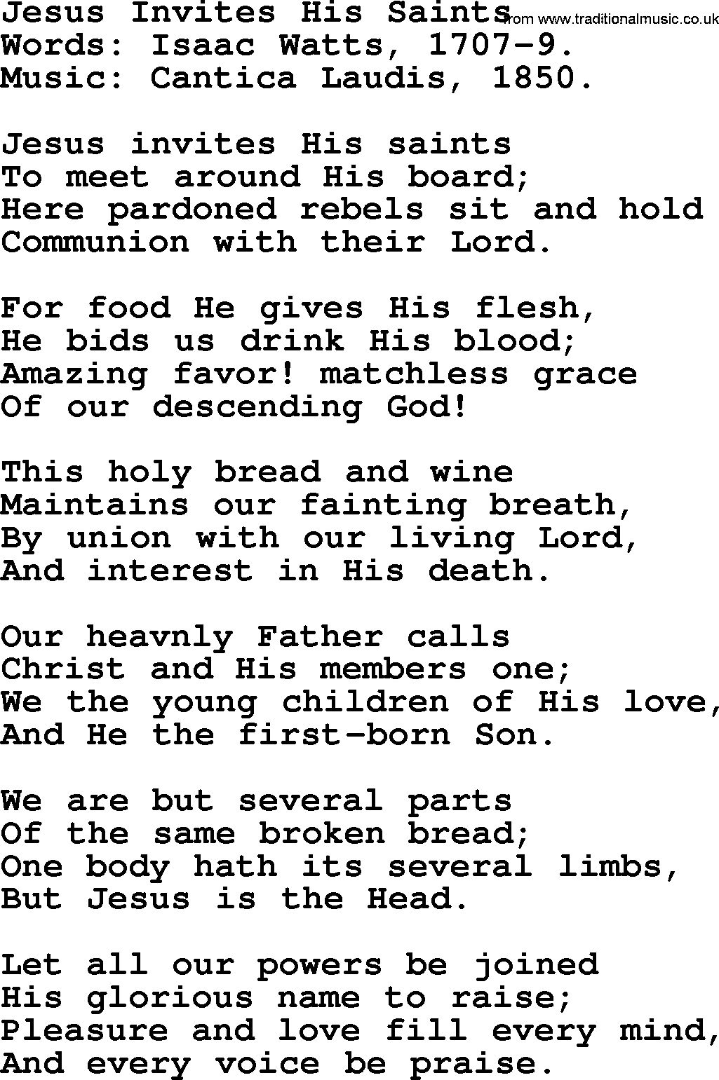 Isaac Watts Christian hymn: Jesus Invites His Saints- lyricss