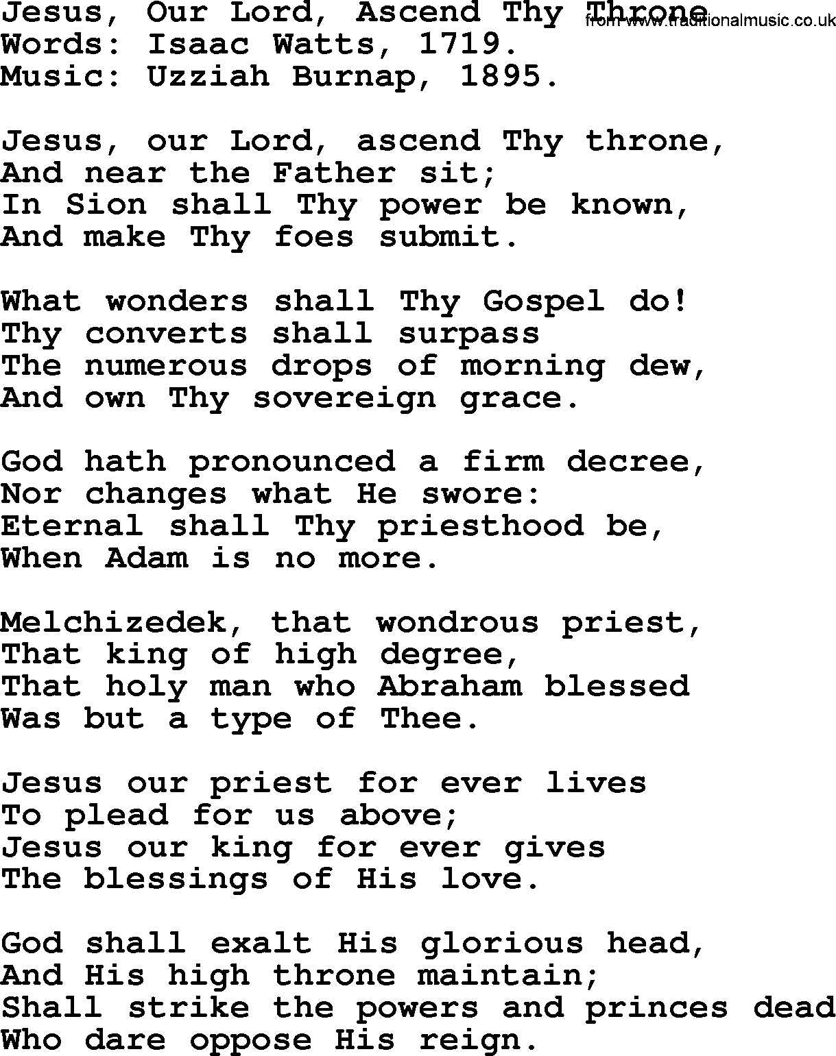Isaac Watts Christian hymn: Jesus, Our Lord, Ascend Thy Throne- lyricss