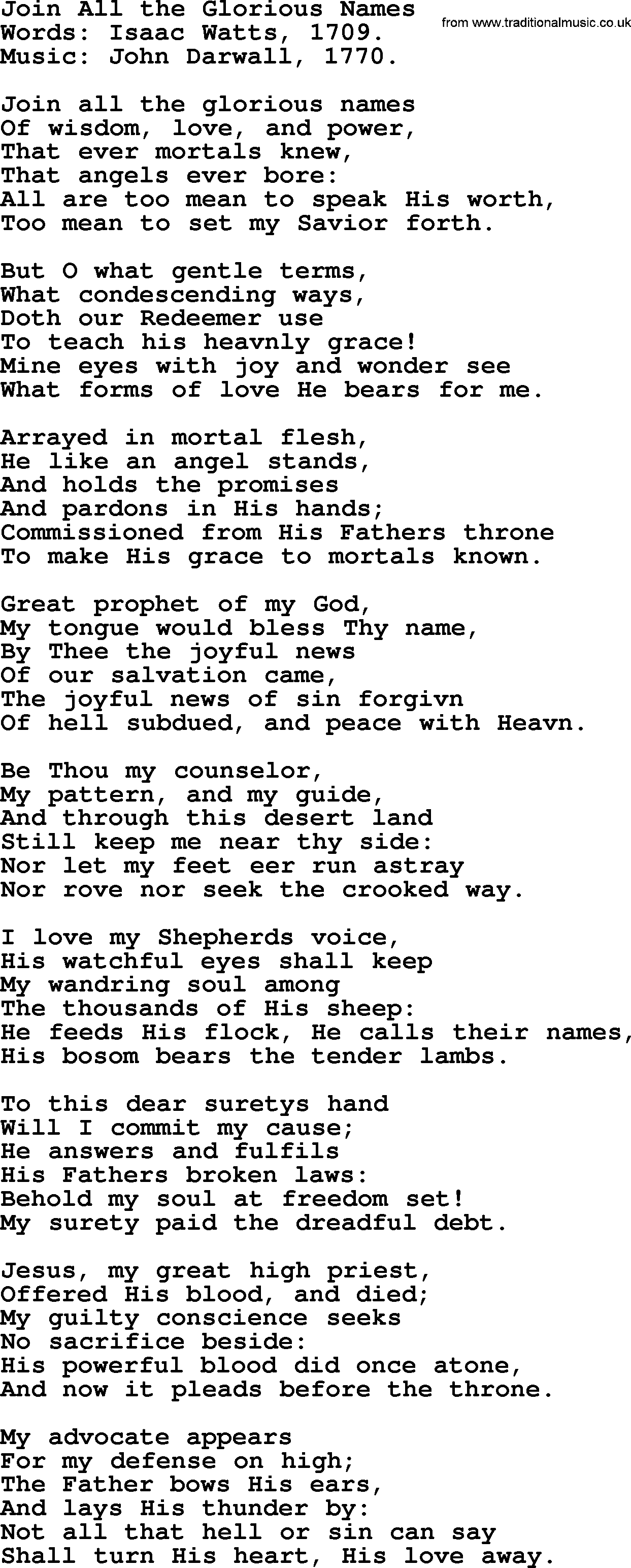 Isaac Watts Christian hymn: Join All the Glorious Names- lyricss