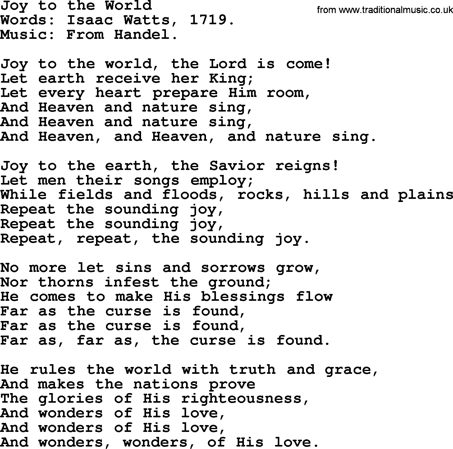 Isaac Watts Christian hymn: Joy to the World- lyricss