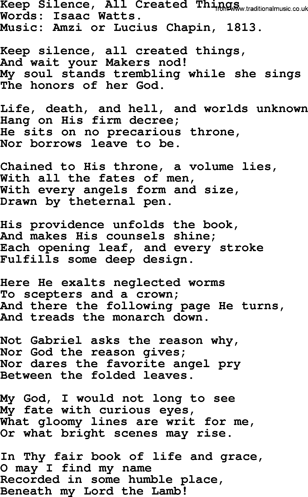 Isaac Watts Christian hymn: Keep Silence, All Created Things- lyricss