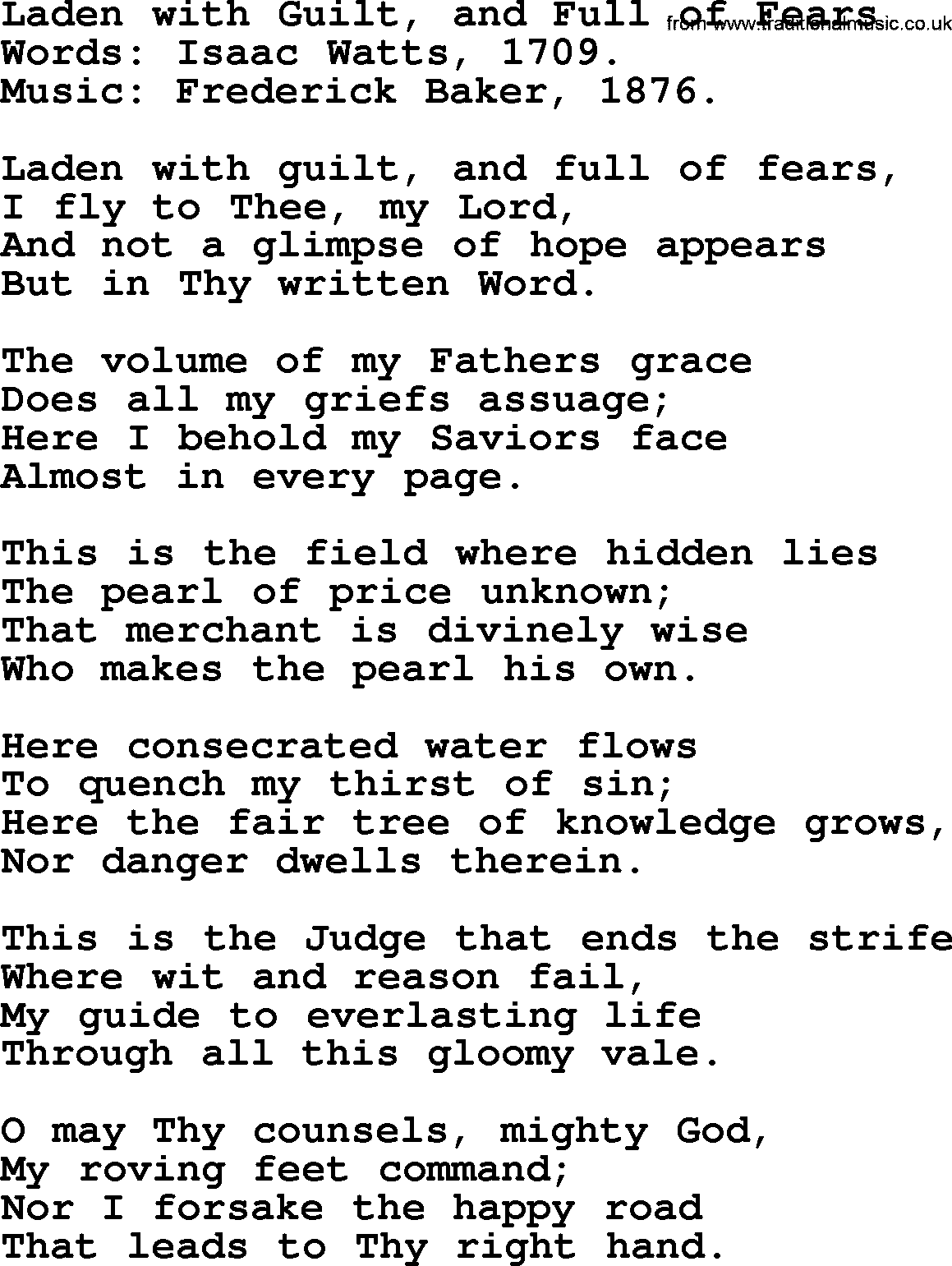 Isaac Watts Christian hymn: Laden with Guilt, and Full of Fears- lyricss
