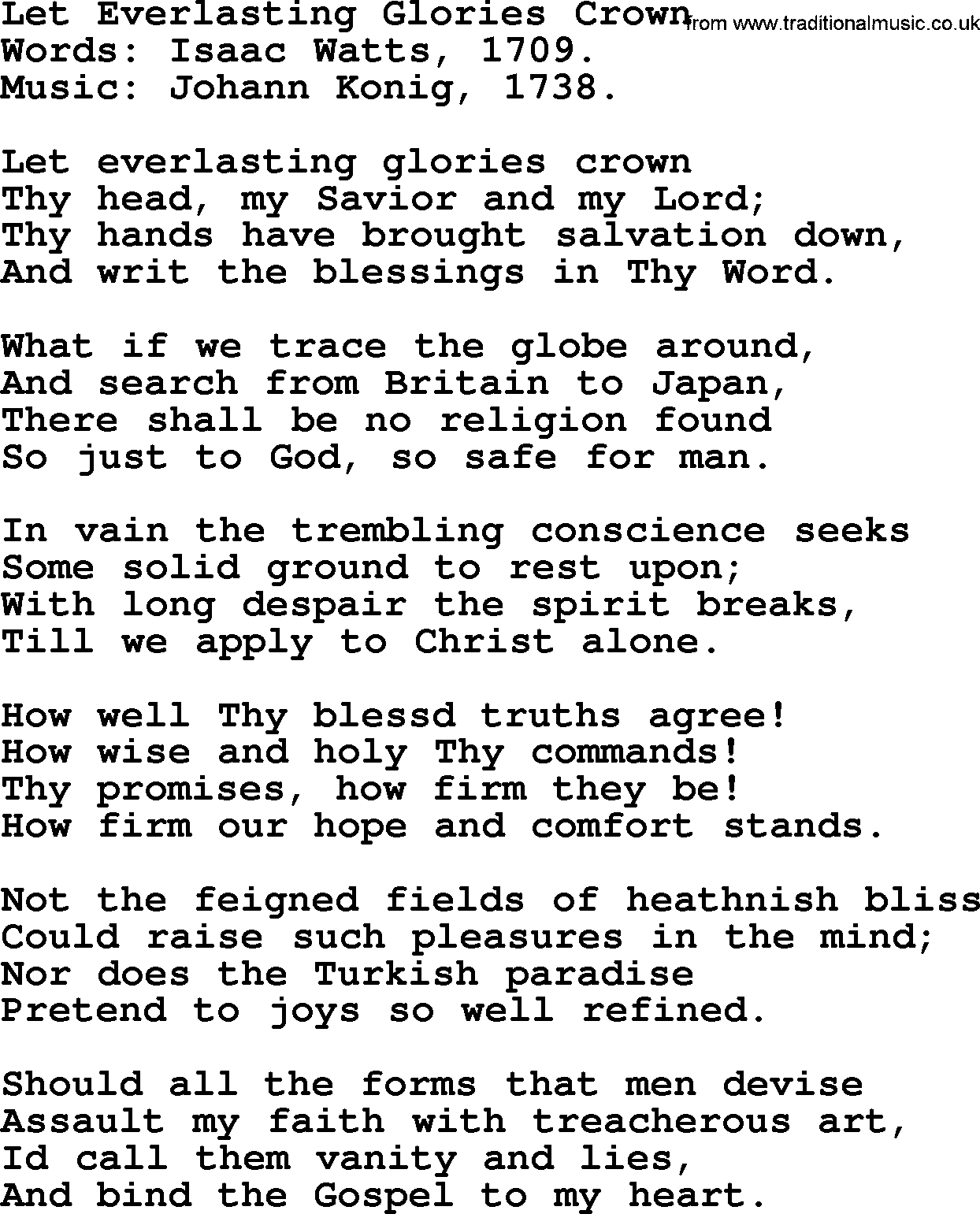 Isaac Watts Christian hymn: Let Everlasting Glories Crown- lyricss