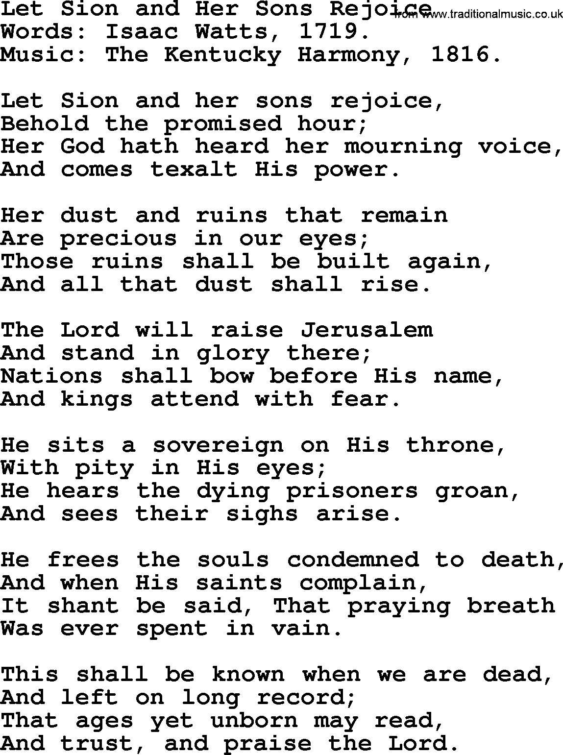 Isaac Watts Christian hymn: Let Sion and Her Sons Rejoice- lyricss