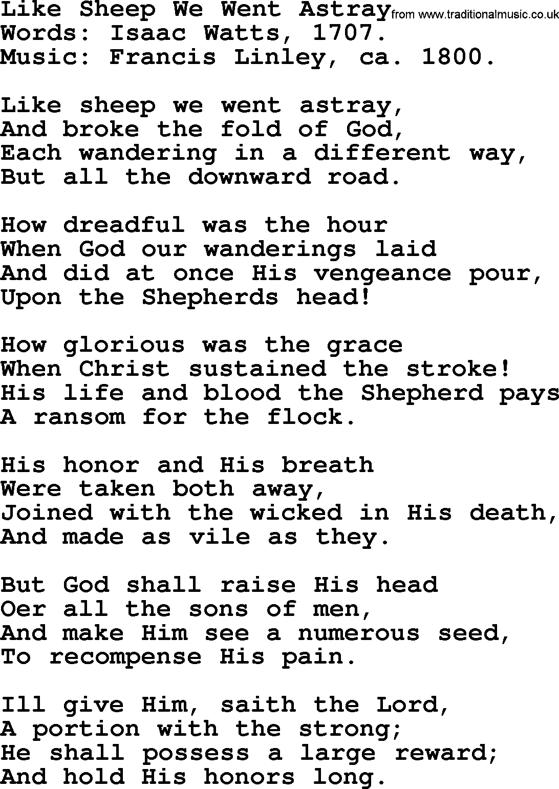 Isaac Watts Christian hymn: Like Sheep We Went Astray- lyricss
