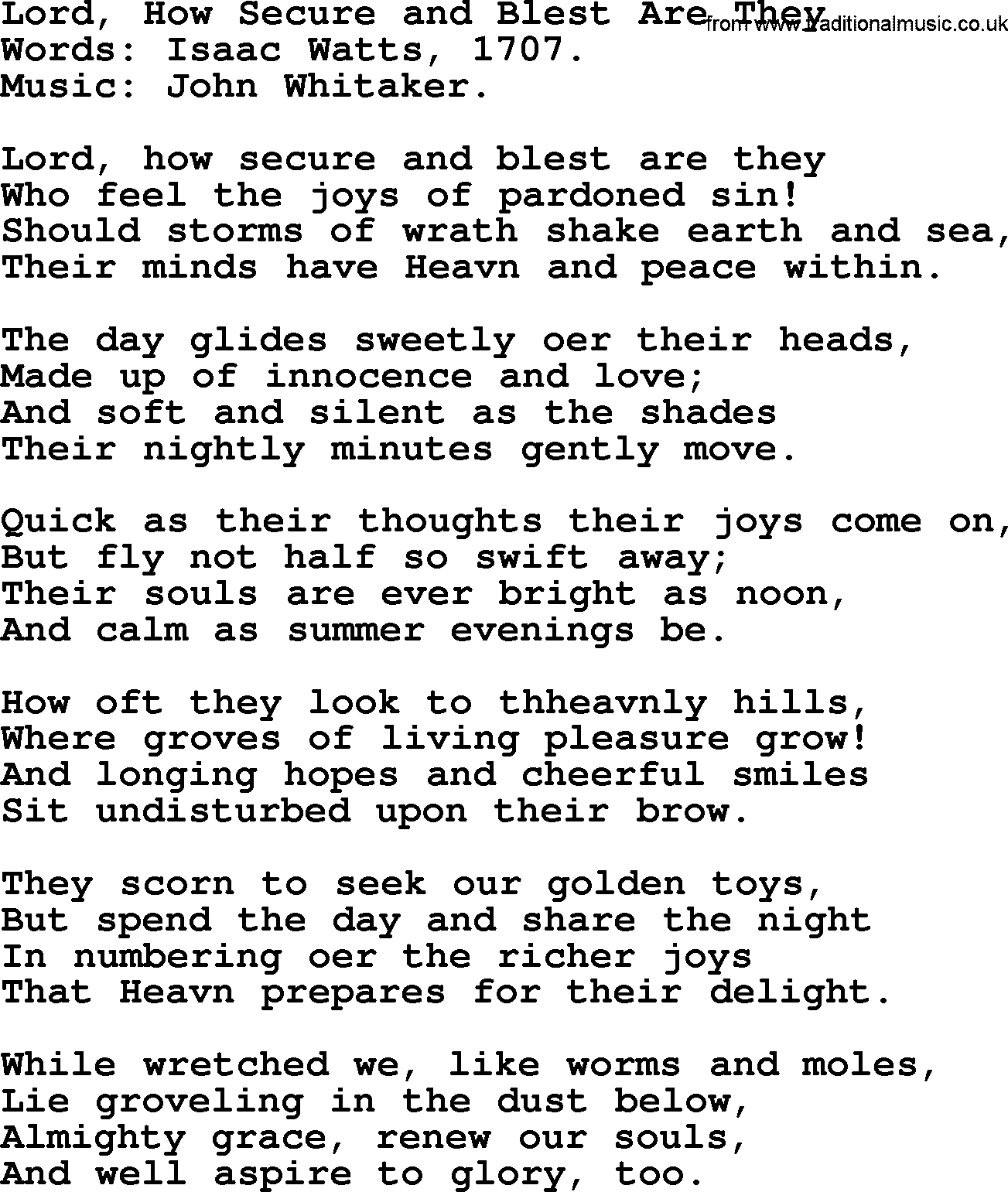 Isaac Watts Christian hymn: Lord, How Secure and Blest Are They- lyricss
